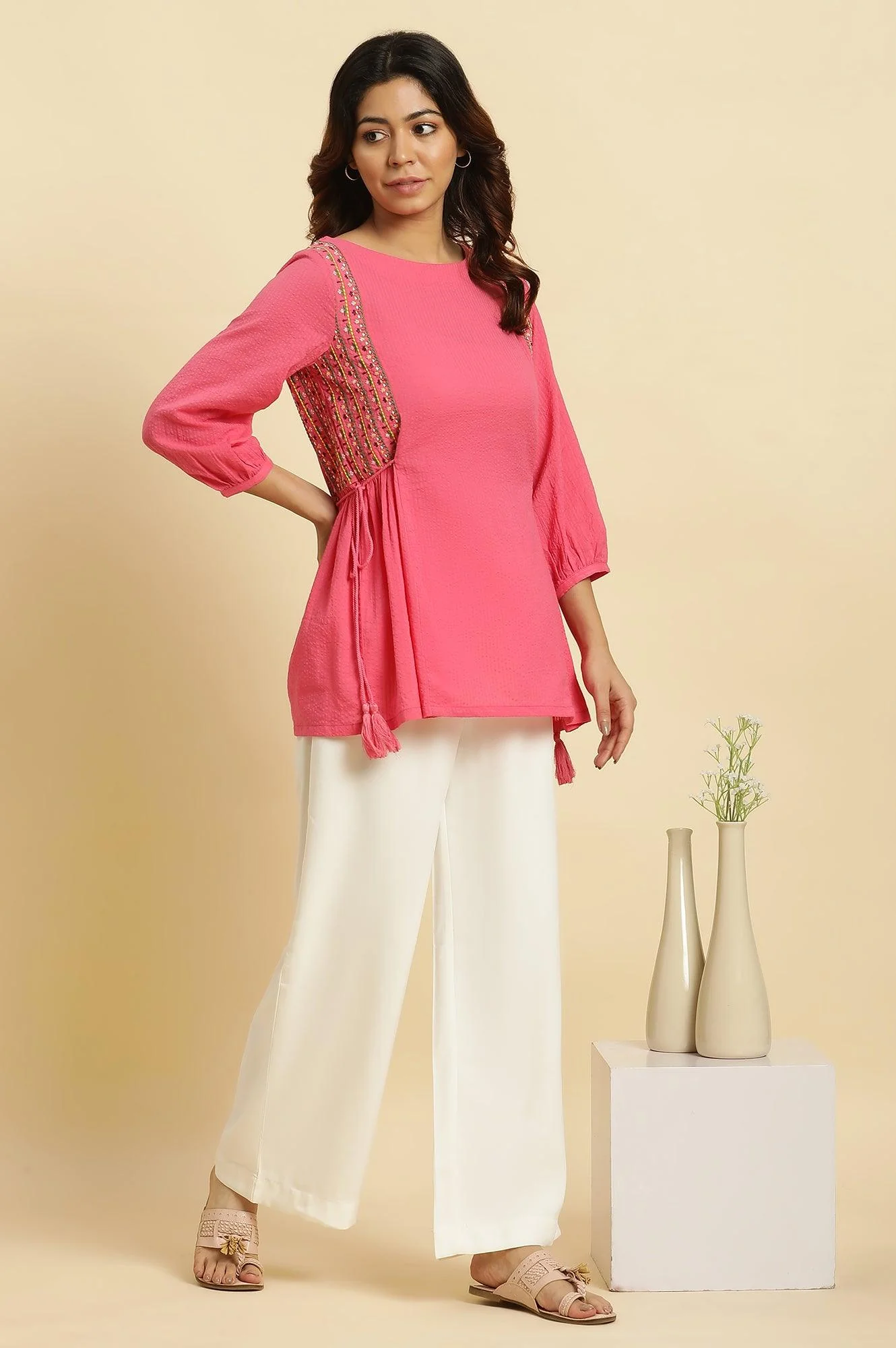 Pink Embroidered Solid Side Tie-Up Straight Top - Image 6