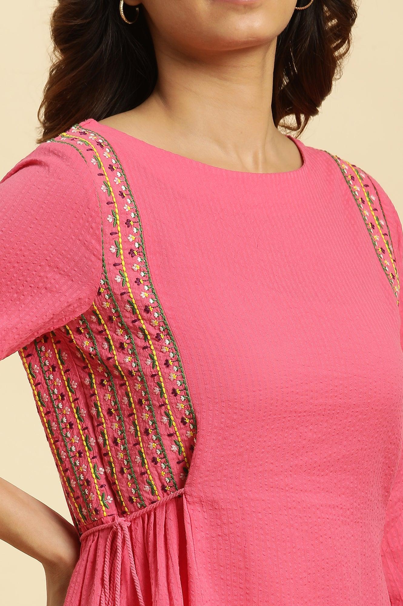 Pink Embroidered Solid Side Tie-Up Straight Top - Image 7