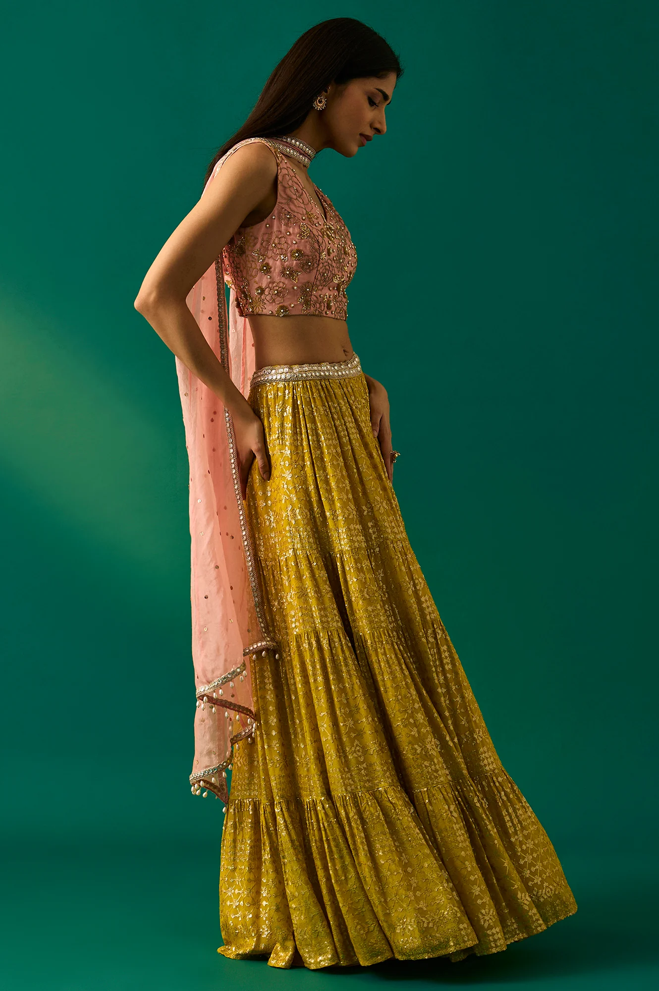 Pink Embroidered Straight Cut Blouse with Skirt and Dupatta Set - Image 5