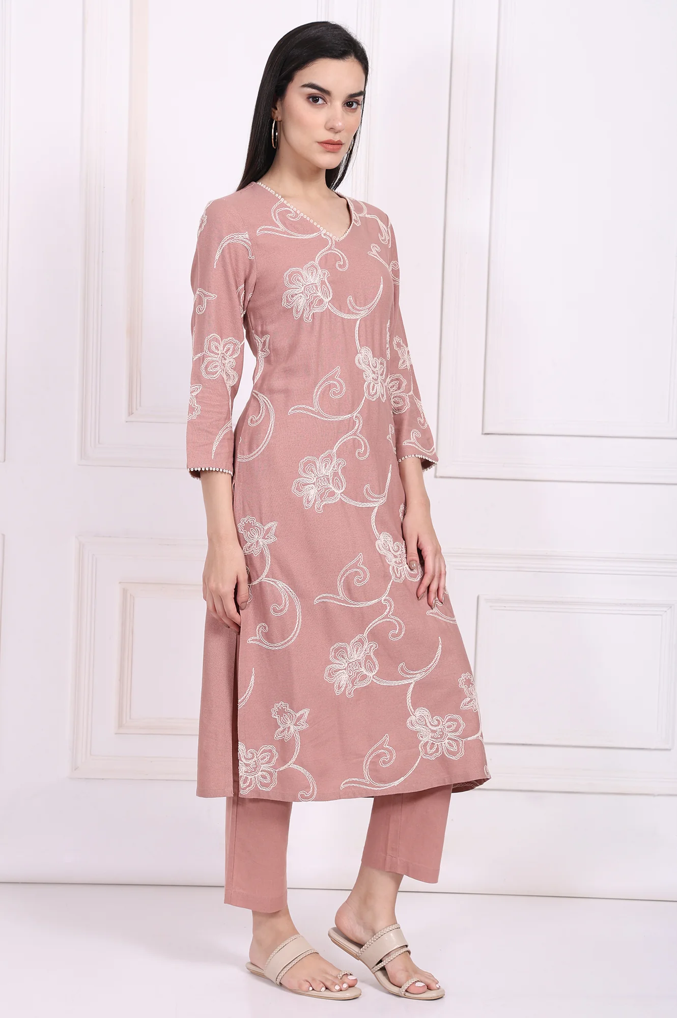 Pink Embroidered Straight Rayon Kurta with Straight Pant - Image 6