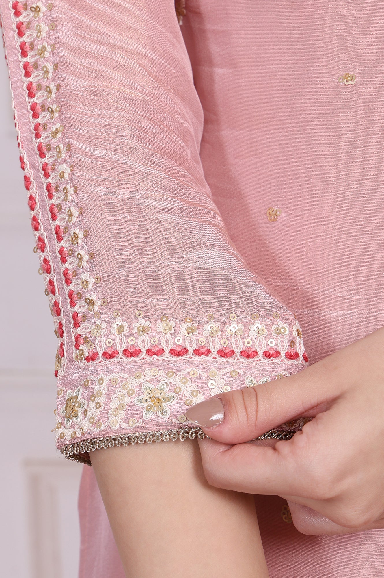 Pink Embroidered Straight Tissue Kurta with Culotte and Dupatta Set - Image 8