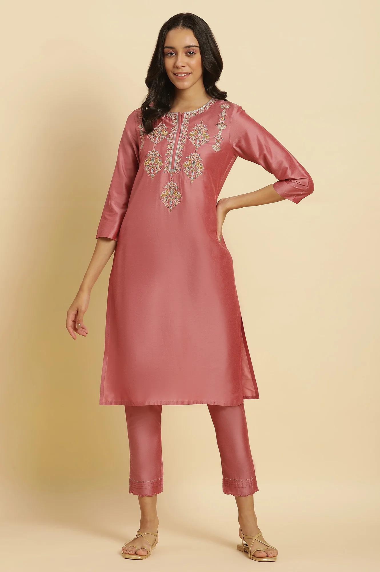 Pink Embroidered Thread Work Straight Kurta - Image 2
