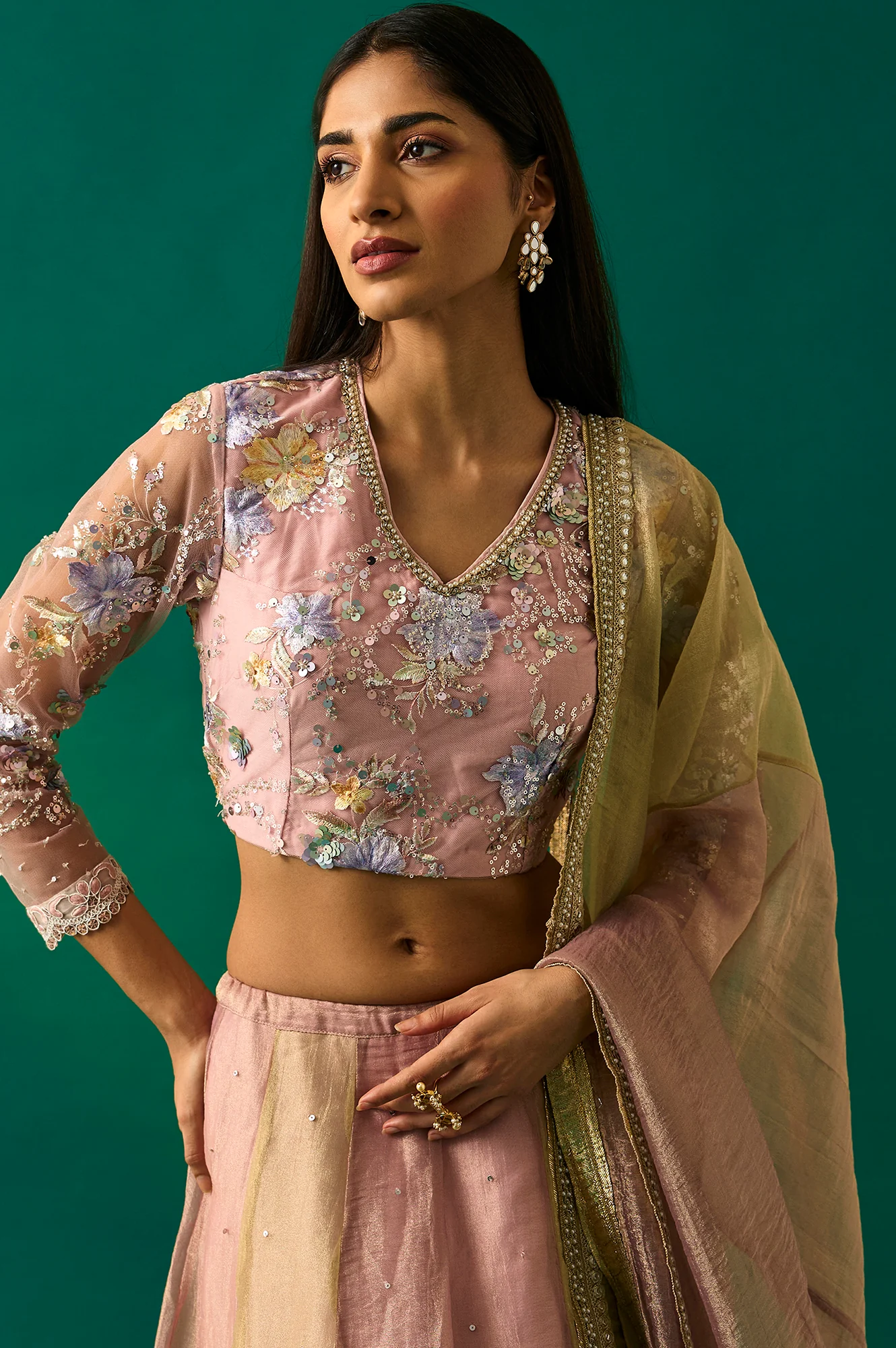 Pink Embroidered Tissue Blouse with Skirt and Dupatta Set - Image 2