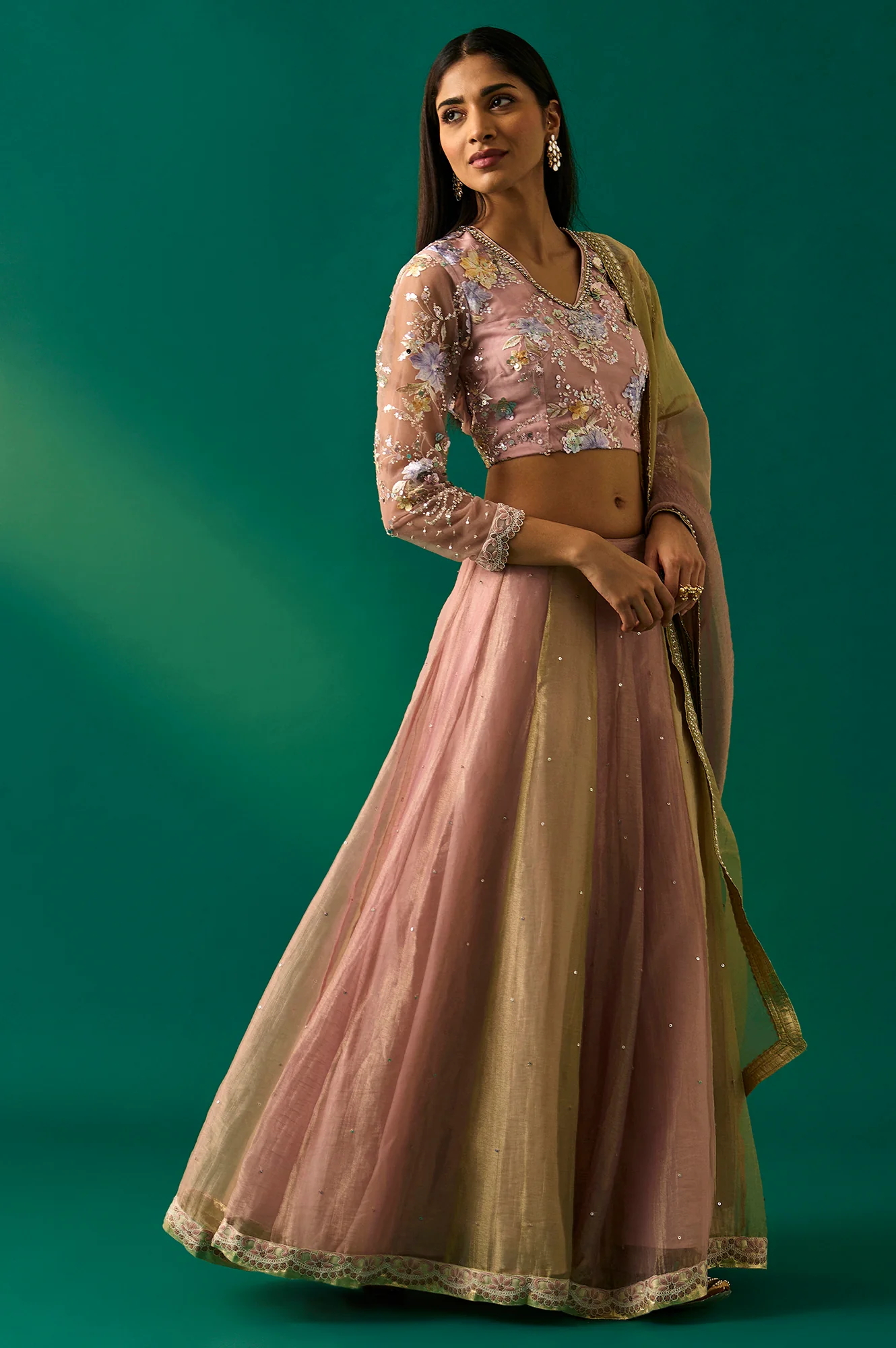 Pink Embroidered Tissue Blouse with Skirt and Dupatta Set - Image 5