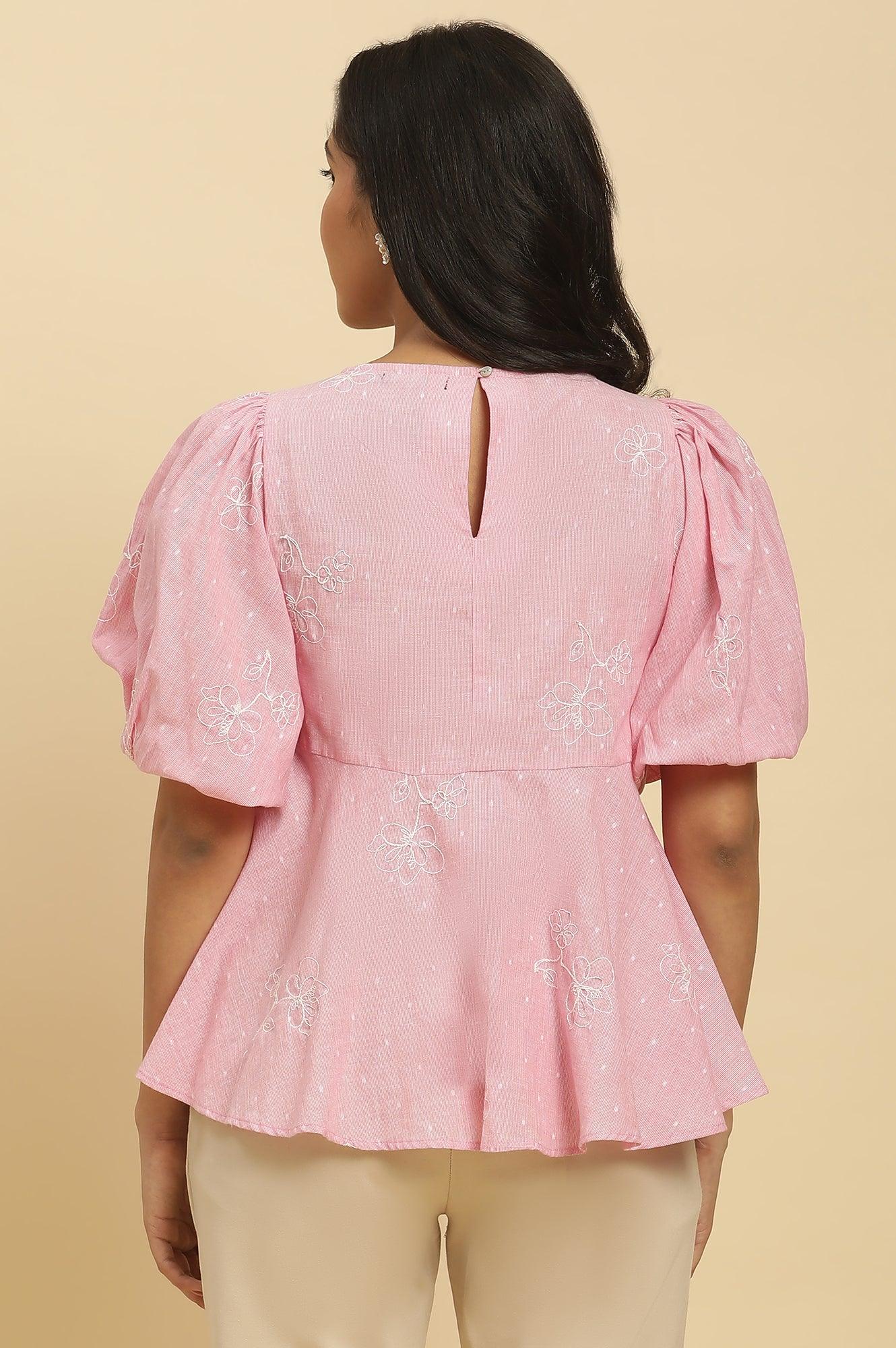 Pink Embroidered Western Peplum Top - Image 3