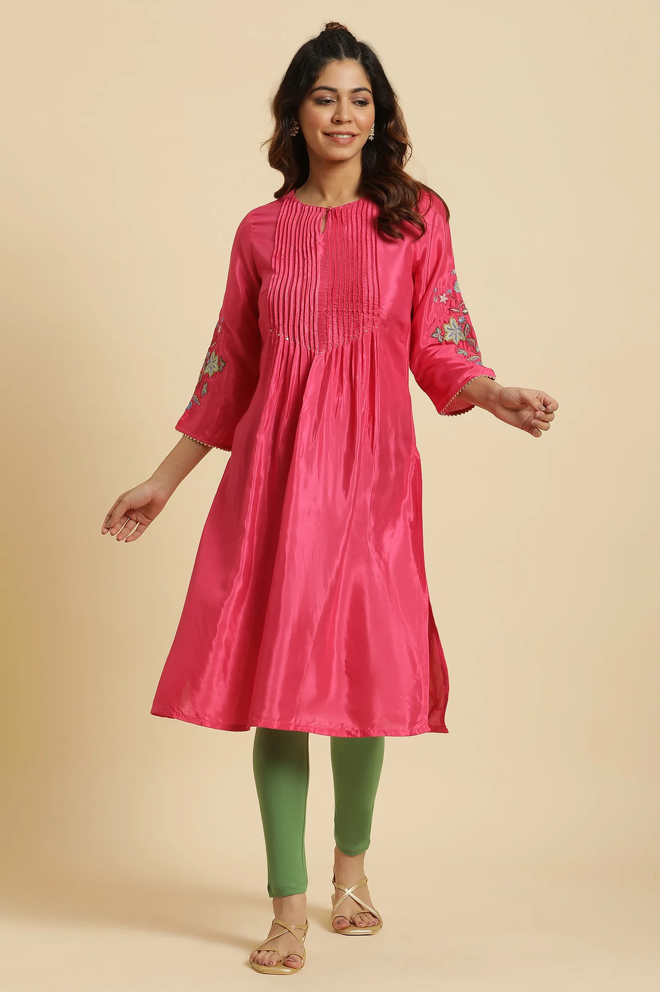 Pink Floral Embroidered Festive Kurta - Image 2