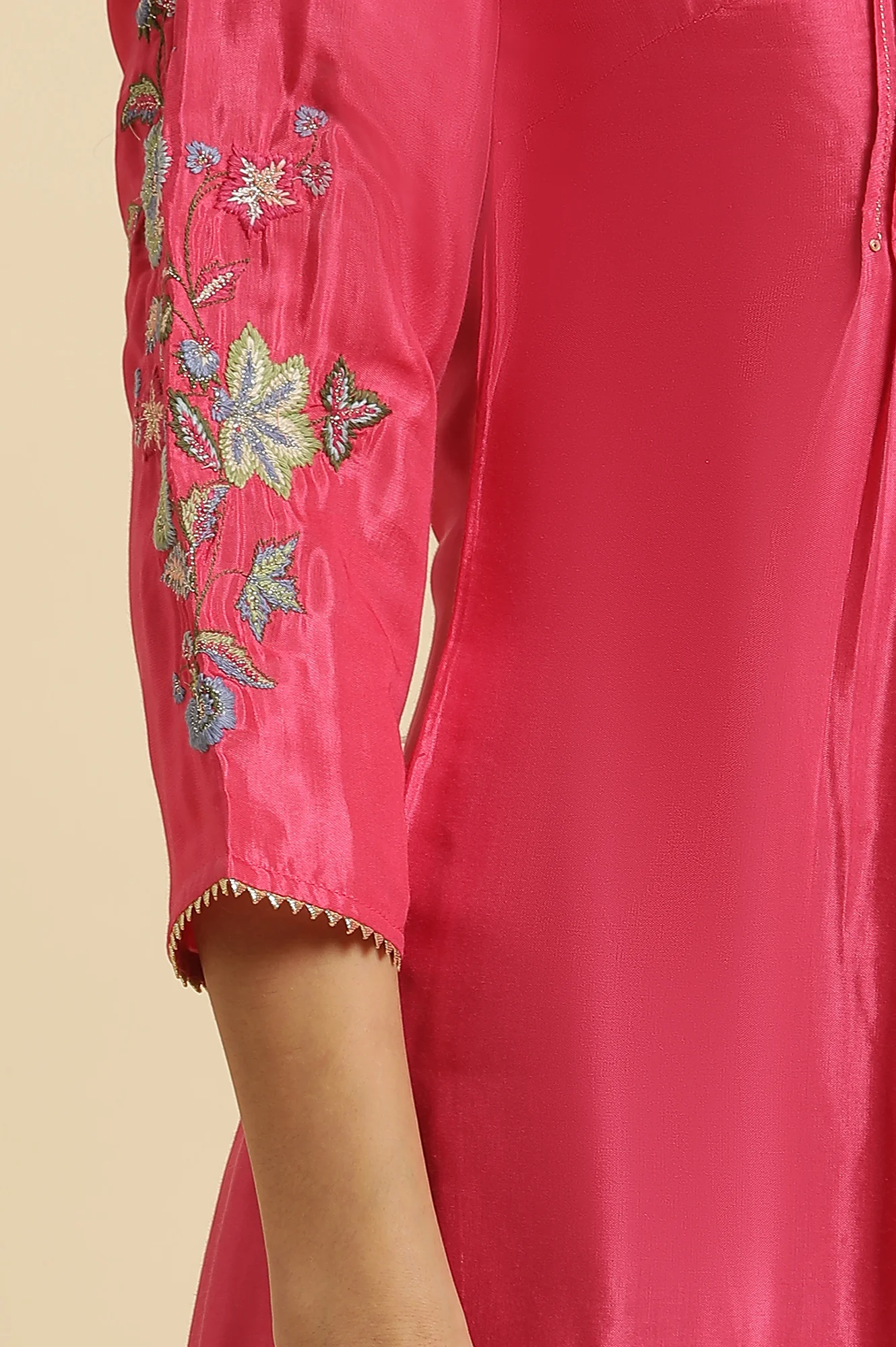 Pink Floral Embroidered Festive Kurta - Image 7