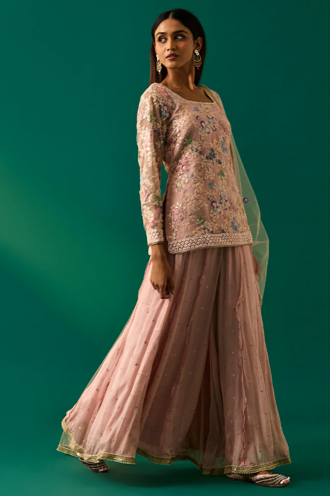 Pink Floral Embroidered Straight Kurta with Culotte and Dupatta Set - Image 5