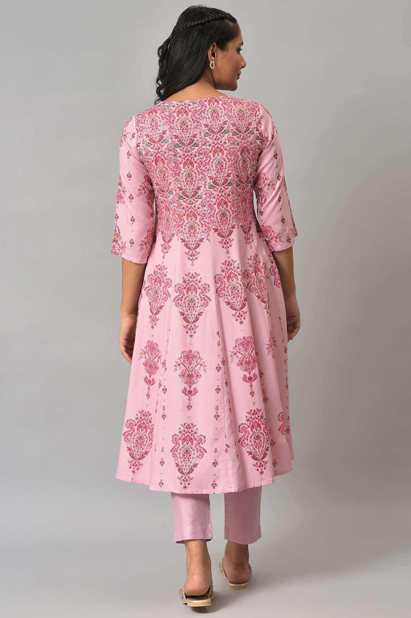 Pink Floral Print kurta With Sequins - Image 2