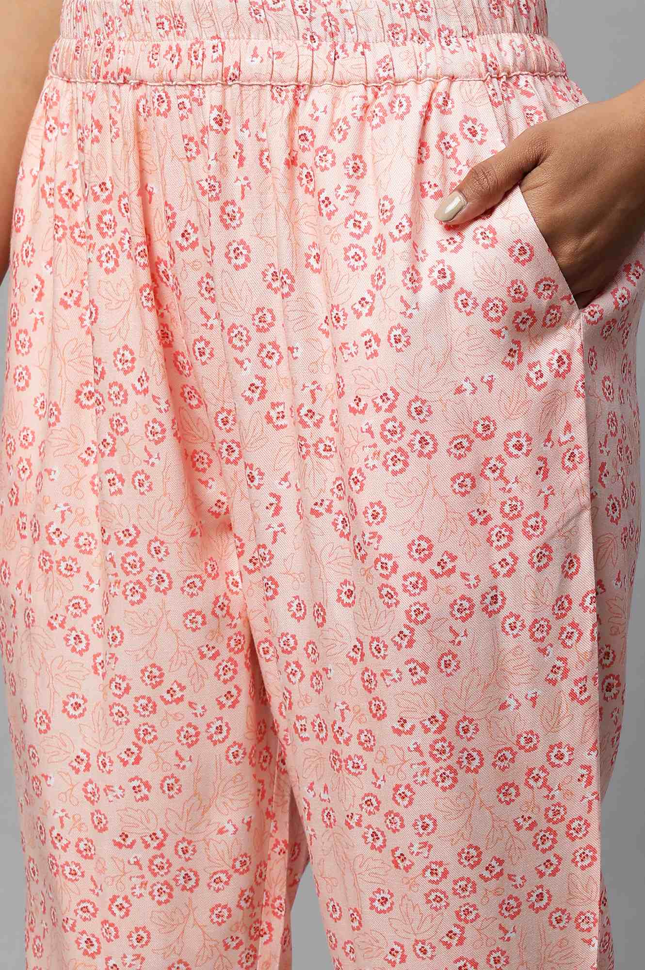 Pink Floral Printed A-Line Kurta With Embroidered Neck - Image 6