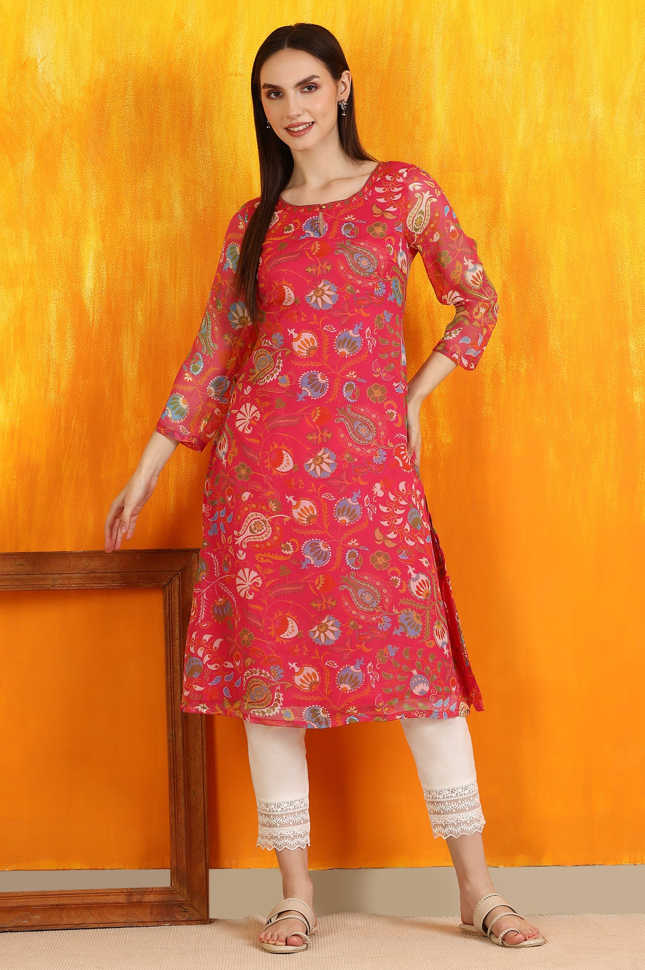 Pink Floral Printed Chiffon Straight Kurta - Image 2