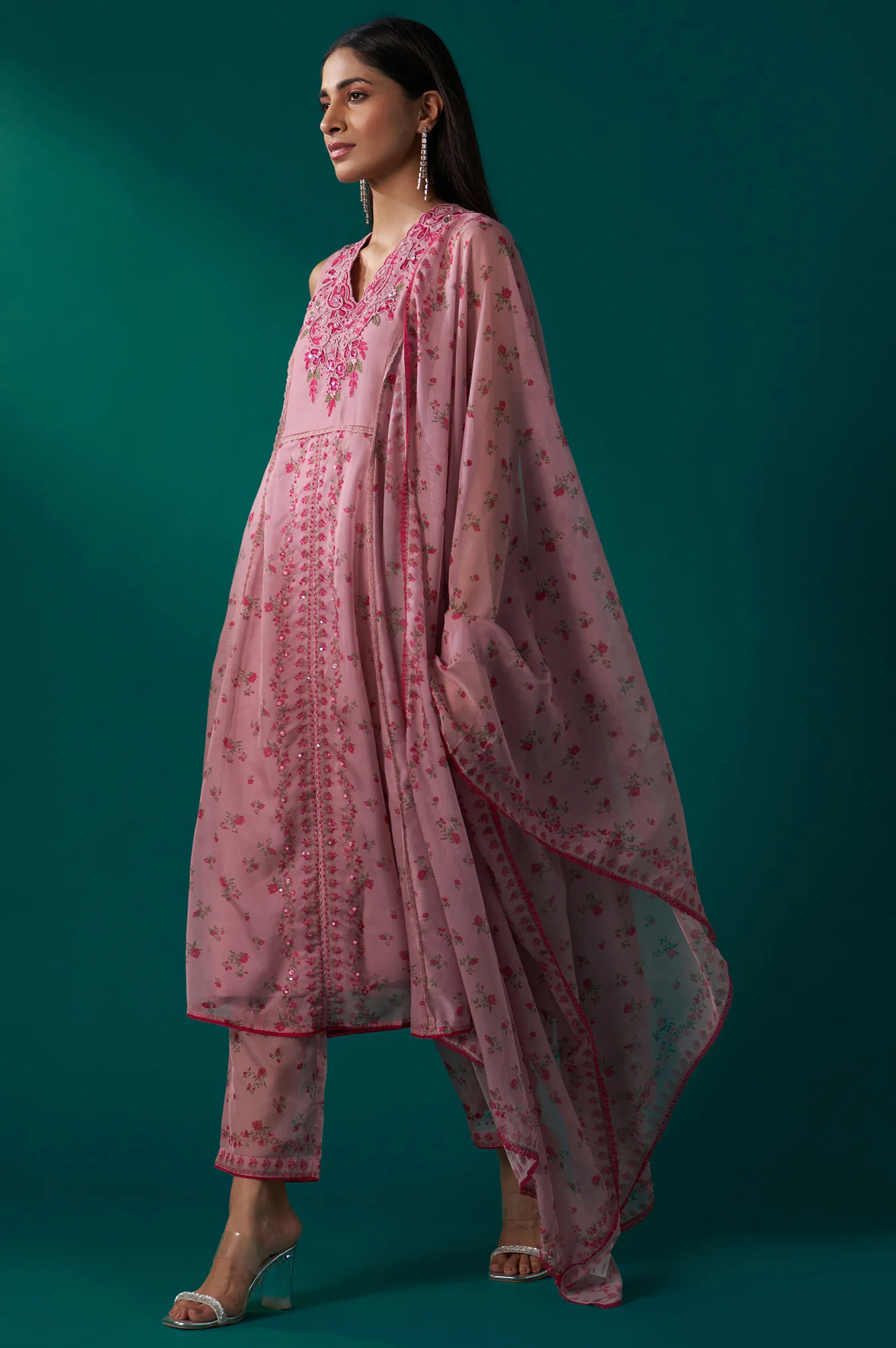 Pink Floral Printed Dori Embroidered Sleeveless Flared Kurta, Pants and Dupatta Set - Image 6