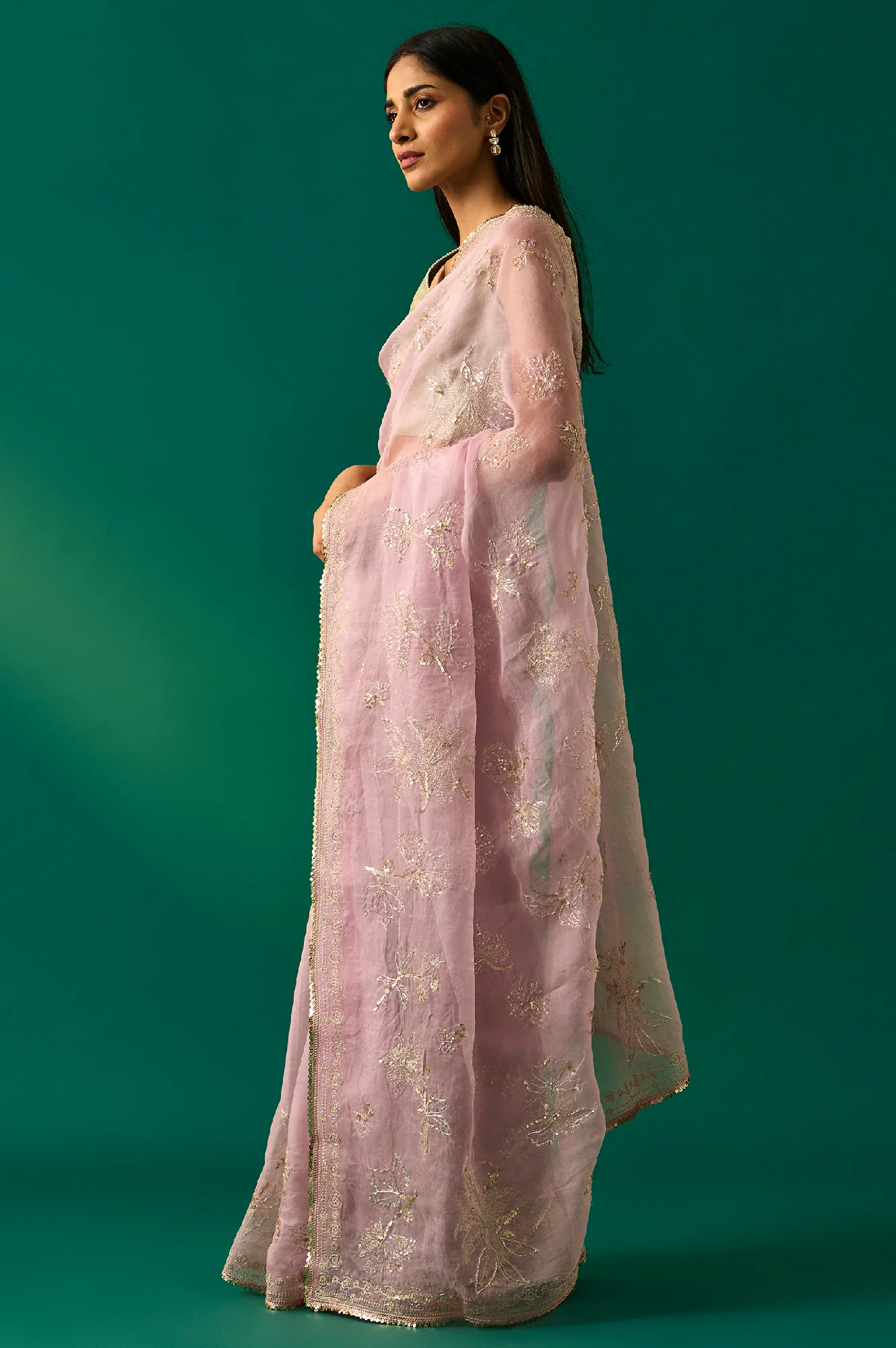 Pink Floral Printed Embroidered Silk Saree with Unstitched Blouse - Image 3