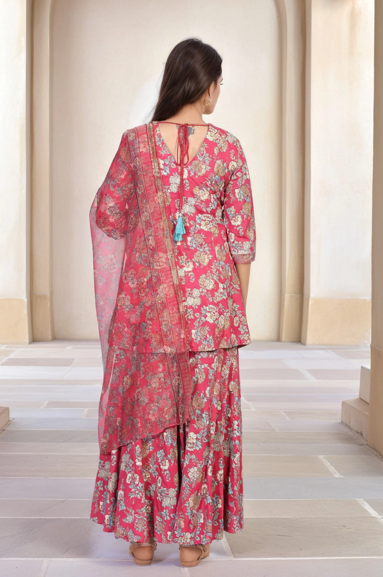 Pink Floral Printed Lace Trim Flared Rayon Kurta with Sharara and Dupatta Set - Image 5