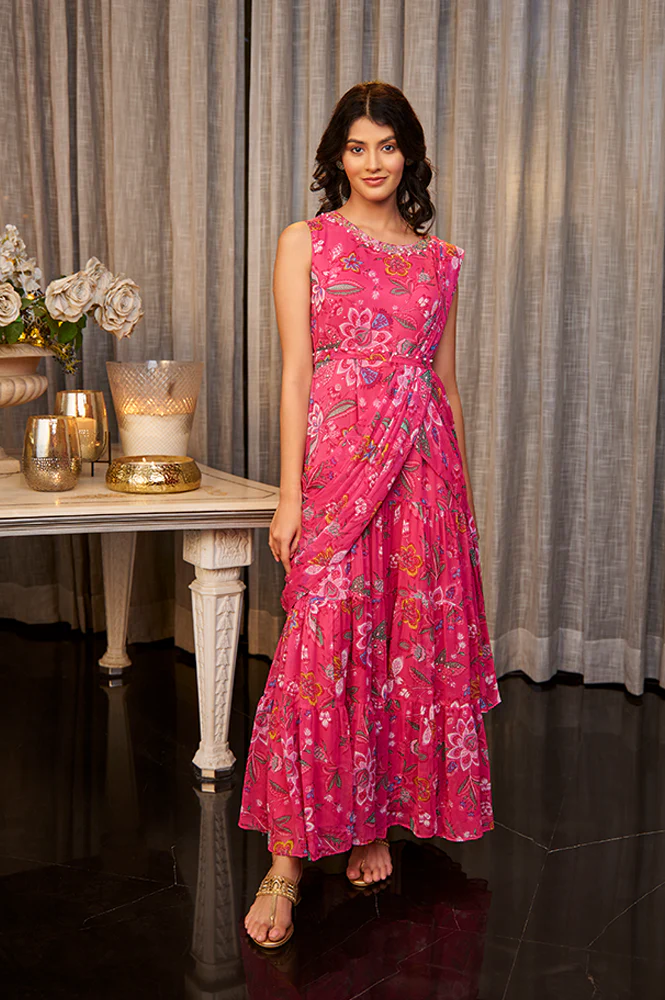 Pink Floral Printed Pre-Stitch Sharara Saree