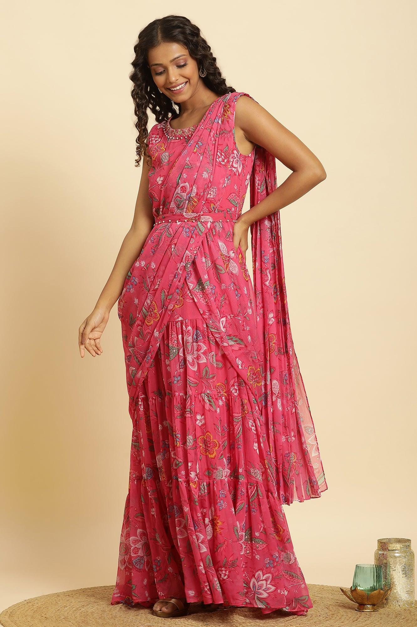 Pink Floral Printed Pre-Stitch Sharara Saree - Image 2