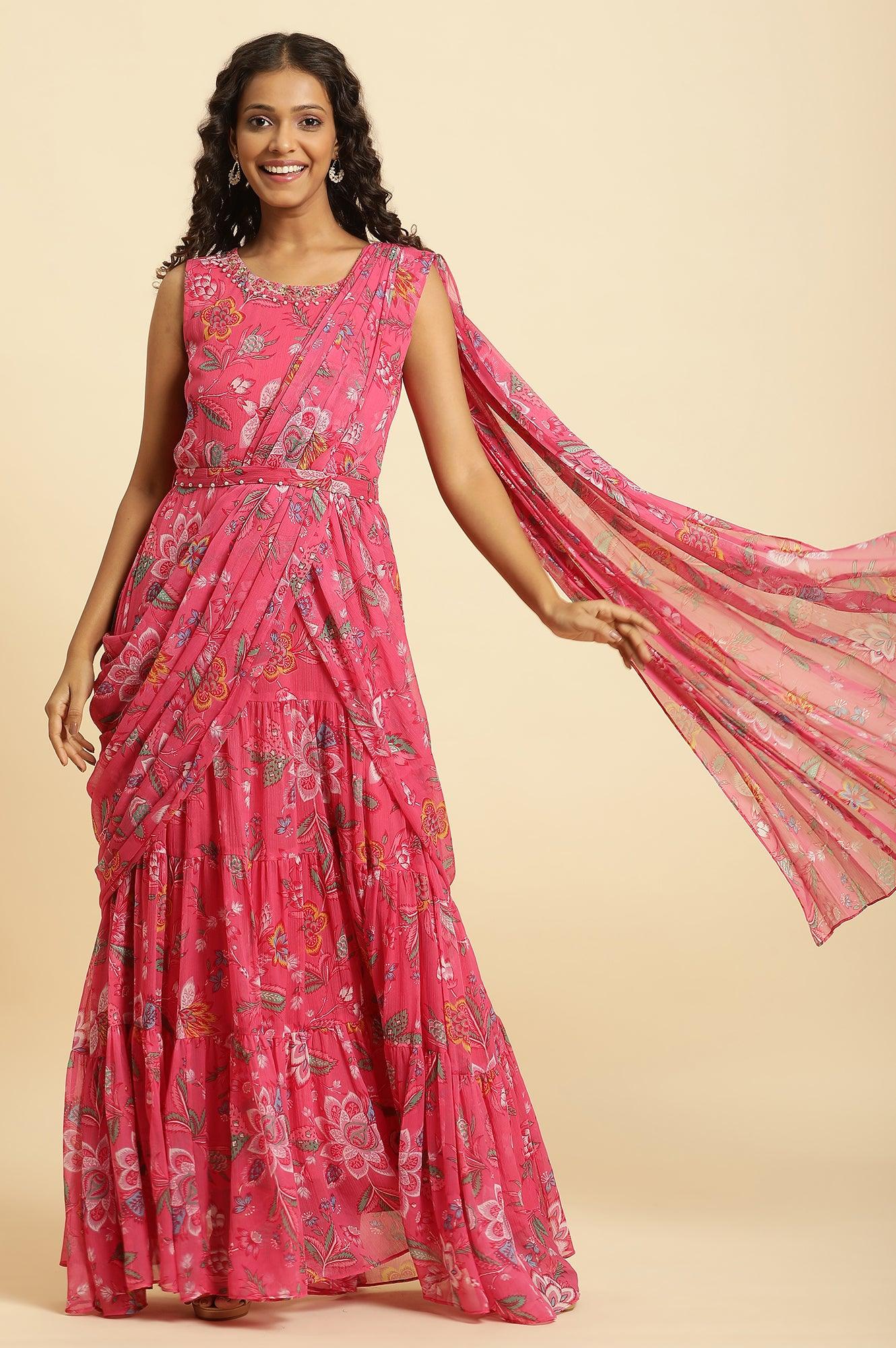 Pink Floral Printed Pre-Stitch Sharara Saree - Image 3