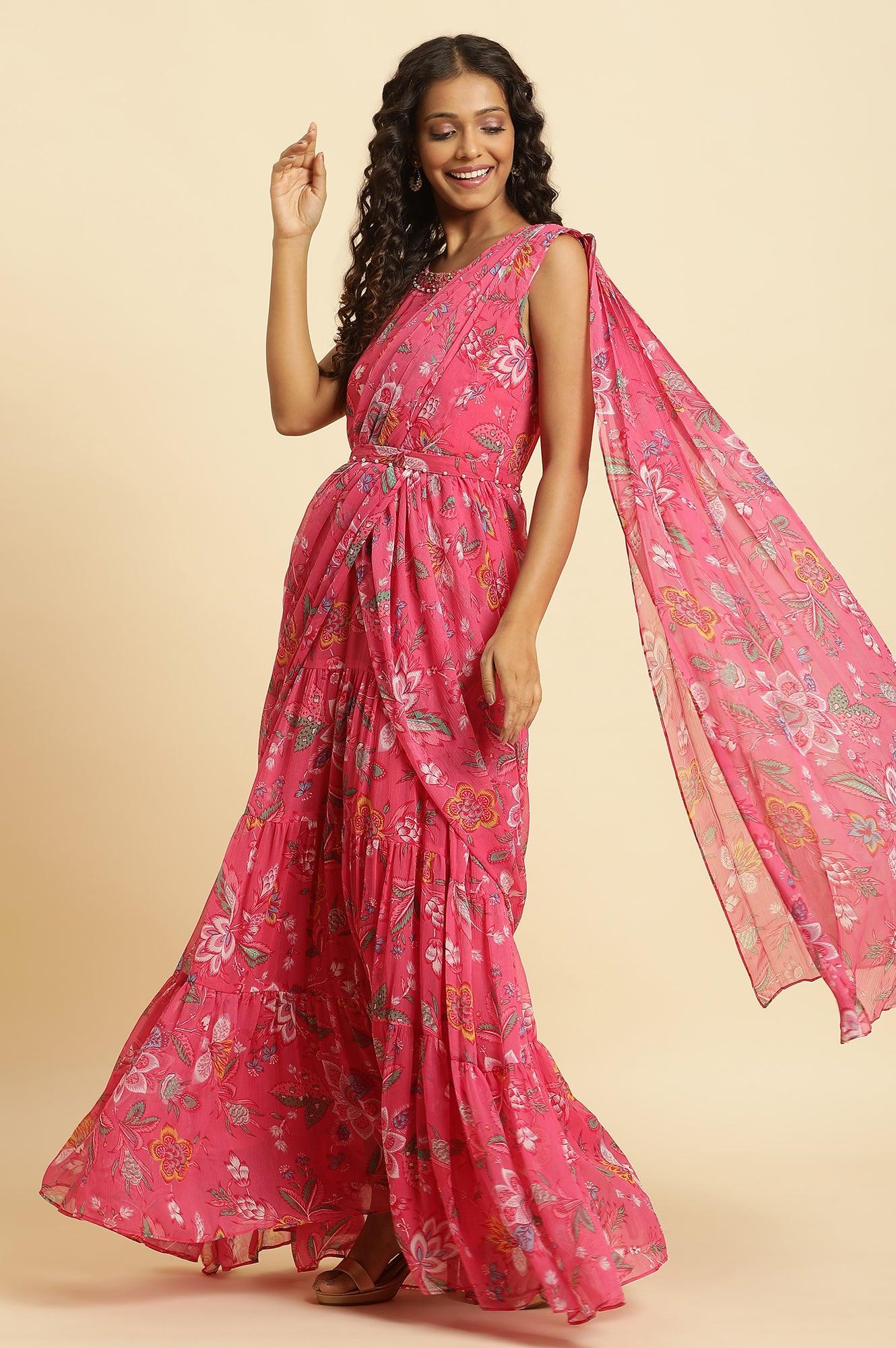 Pink Floral Printed Pre-Stitch Sharara Saree - Image 4