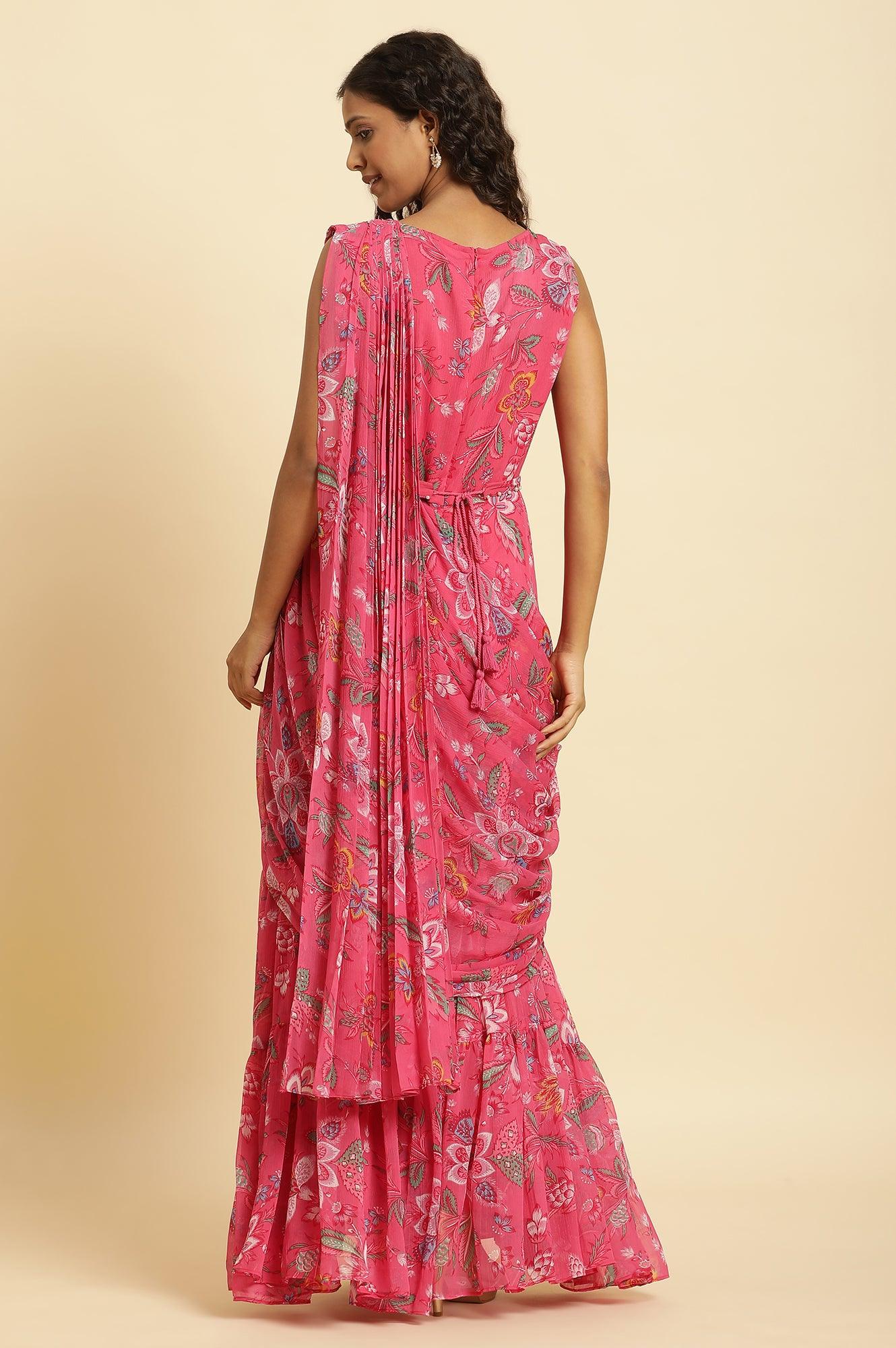 Pink Floral Printed Pre-Stitch Sharara Saree - Image 5