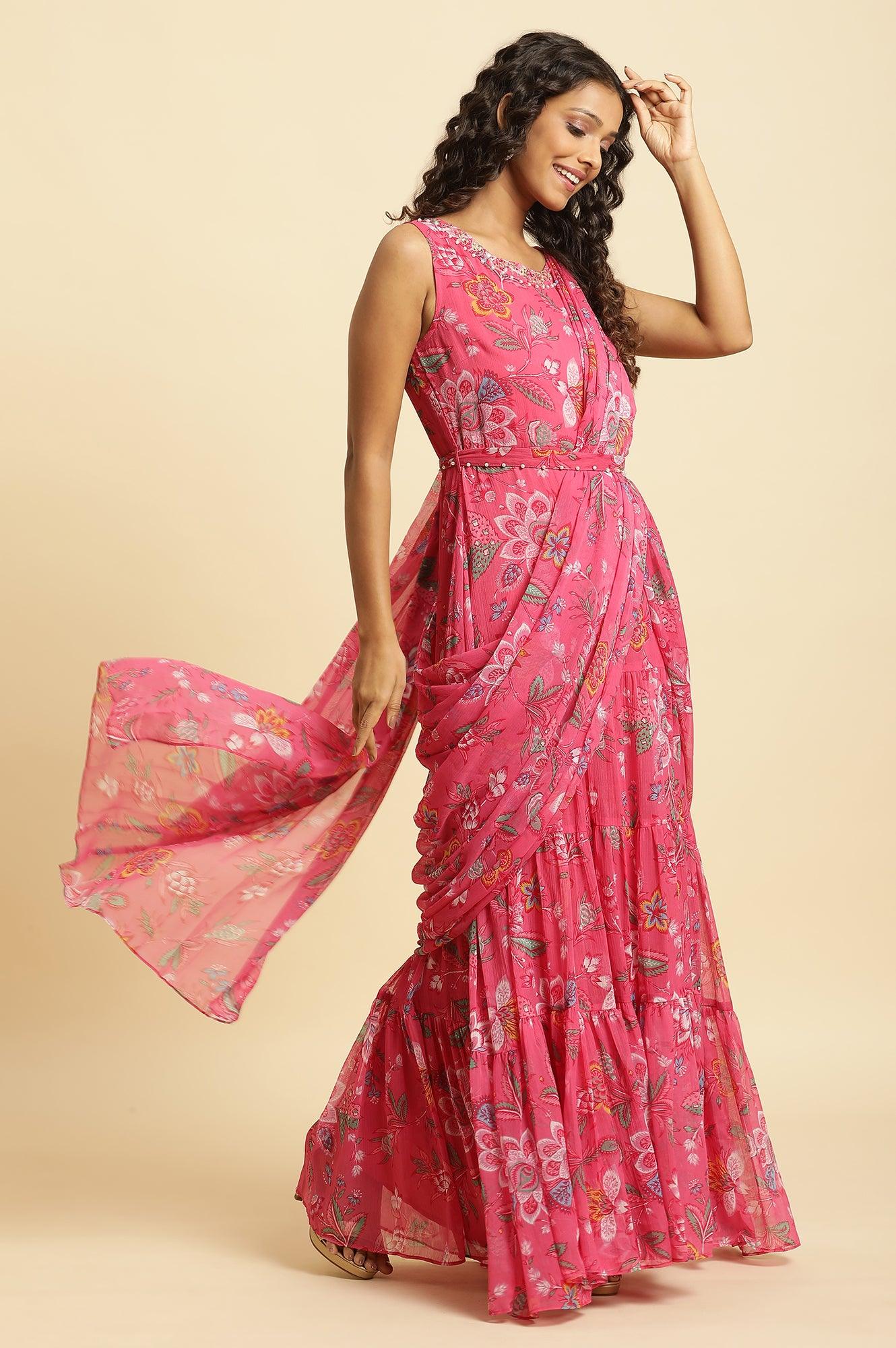 Pink Floral Printed Pre-Stitch Sharara Saree - Image 6