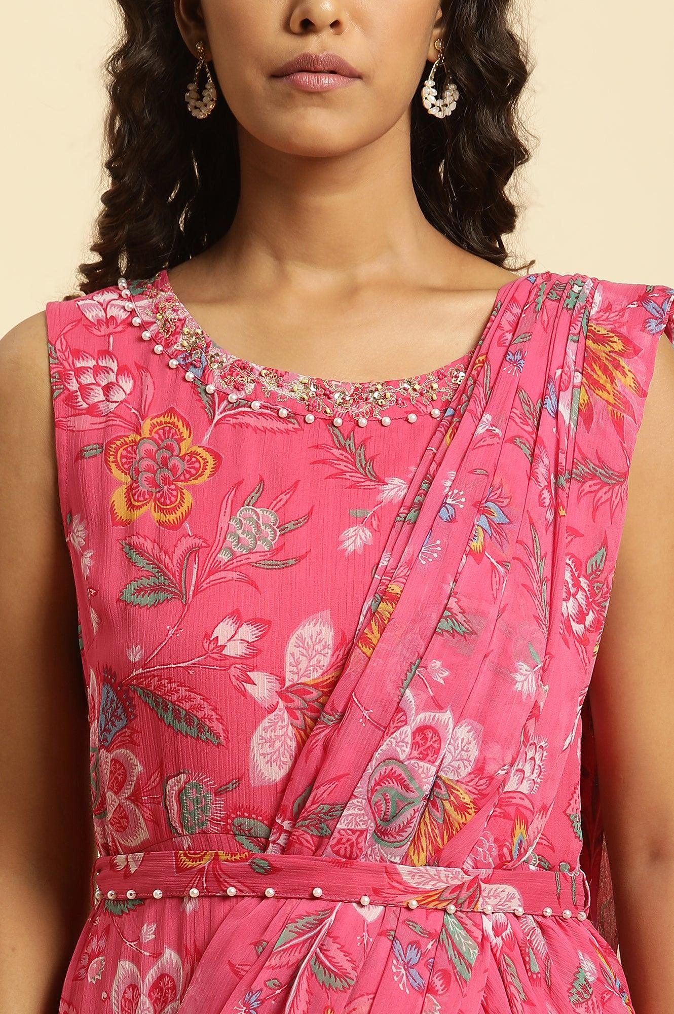 Pink Floral Printed Pre-Stitch Sharara Saree - Image 7