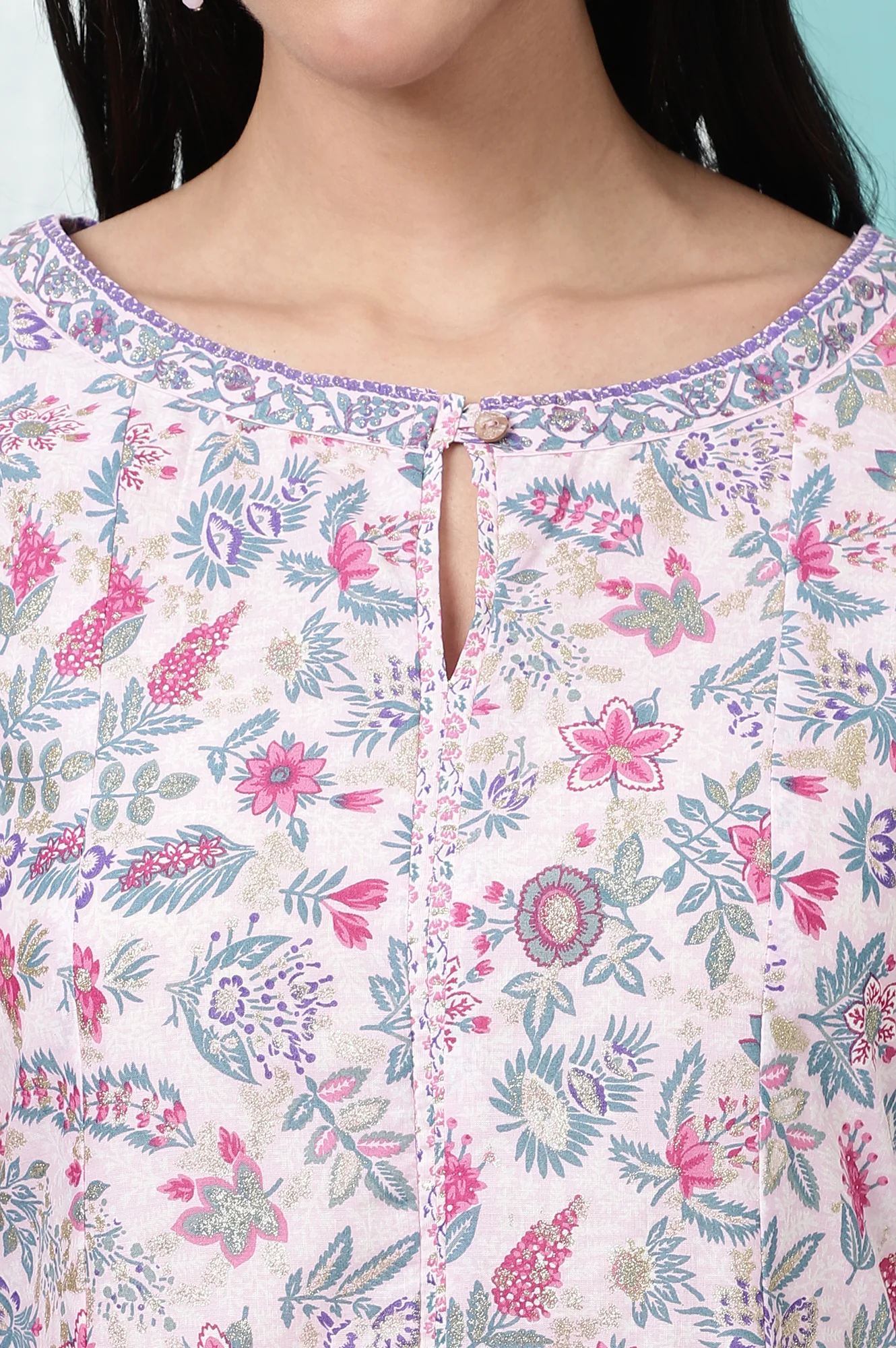 Pink Floral Glitter Printed Pure Cotton Anarkali Kurta - Image 4
