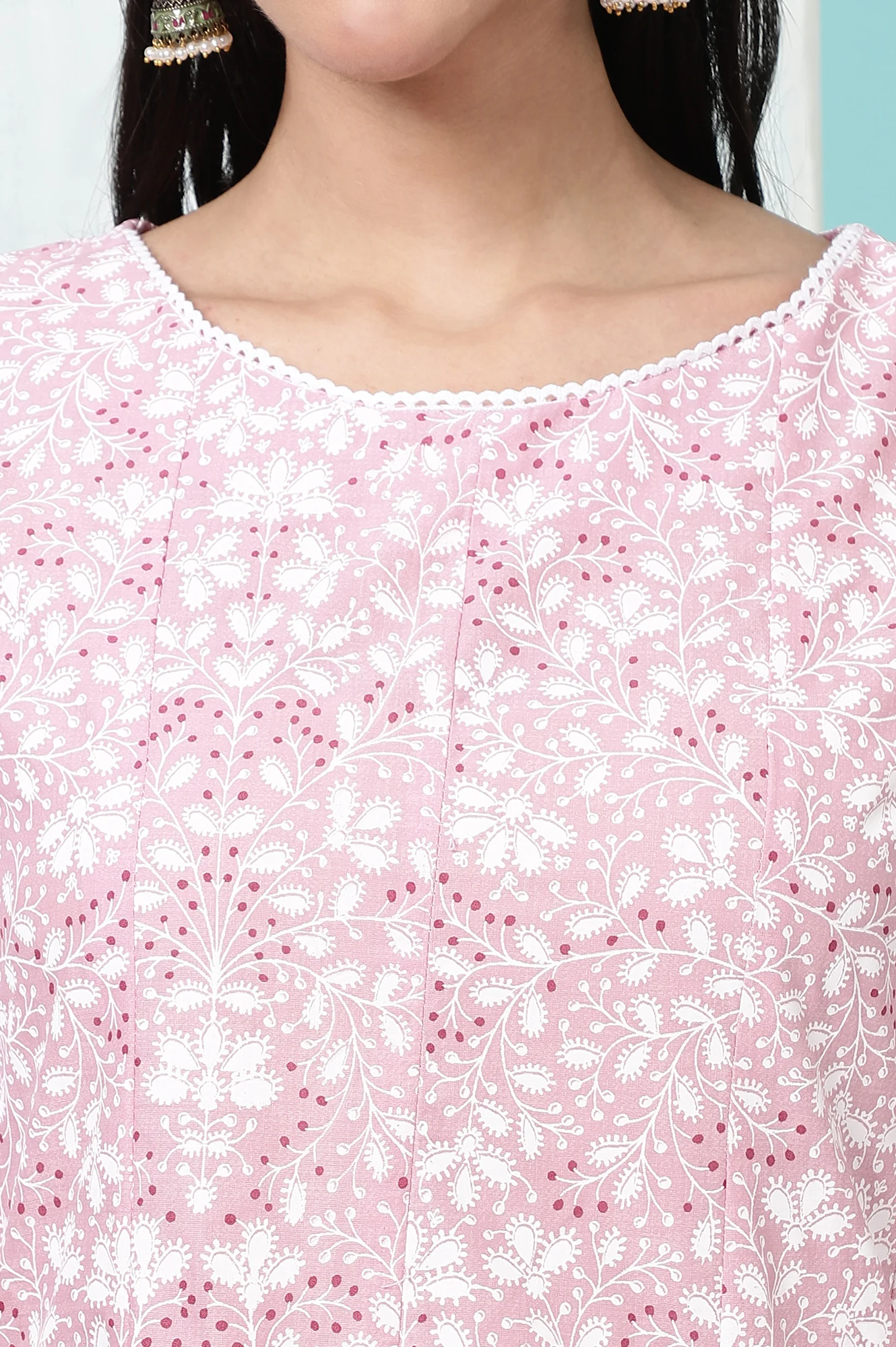 Pink Floral Printed Pure Cotton Anarkali Kurta - Image 4