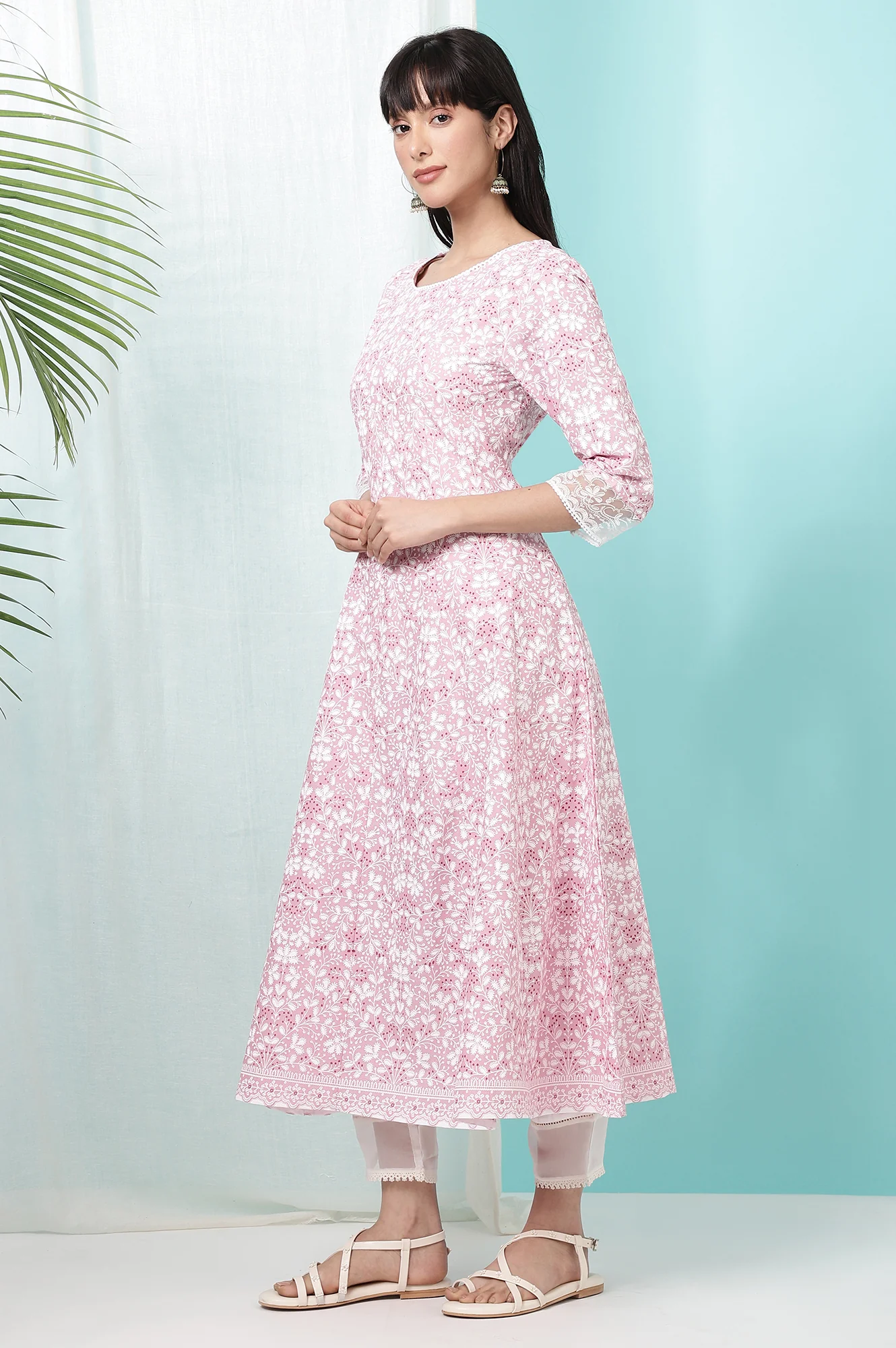 Pink Floral Printed Pure Cotton Anarkali Kurta - Image 5