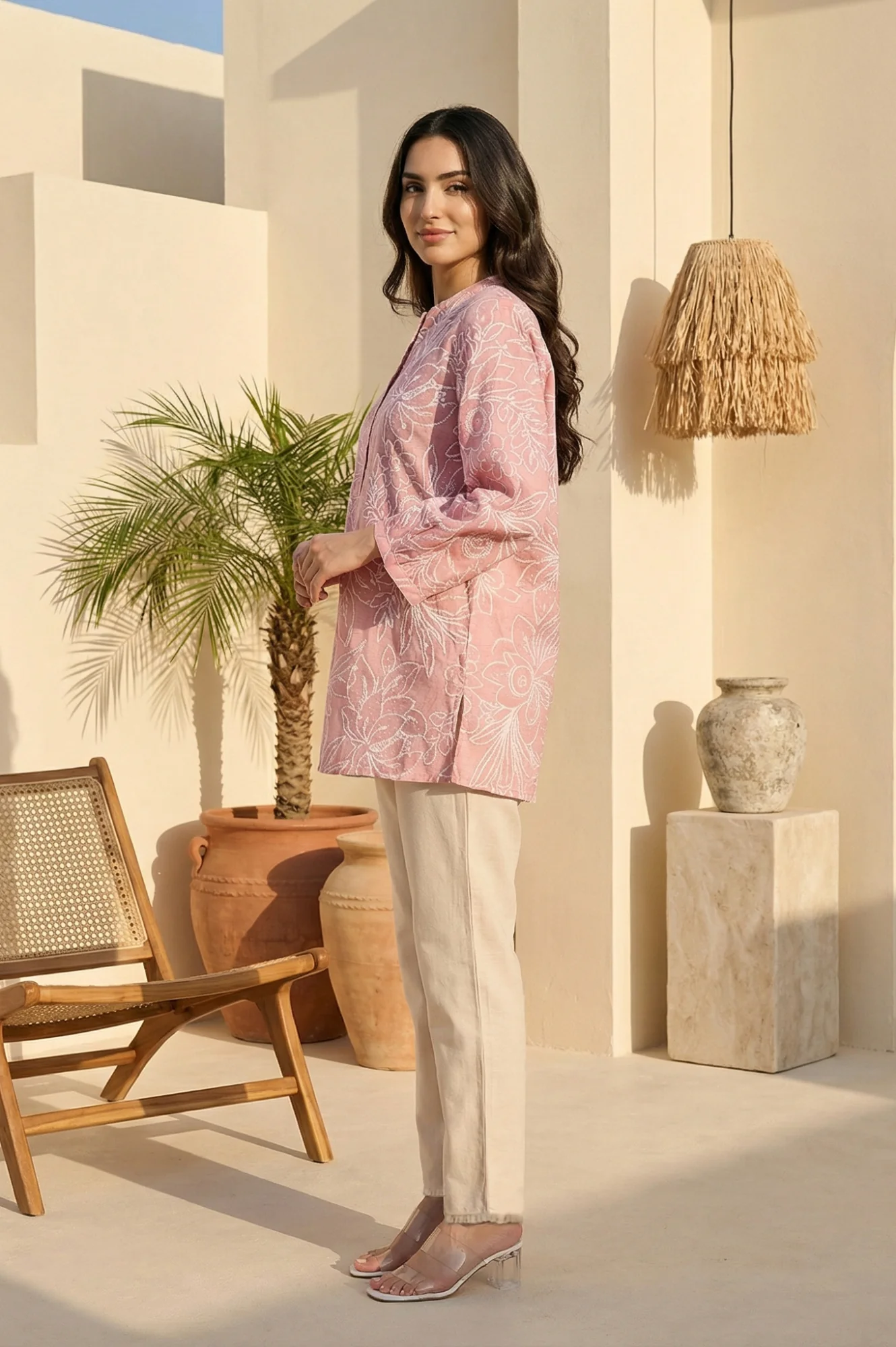Pink Floral Printed Pure Cotton Straight Top - Image 3