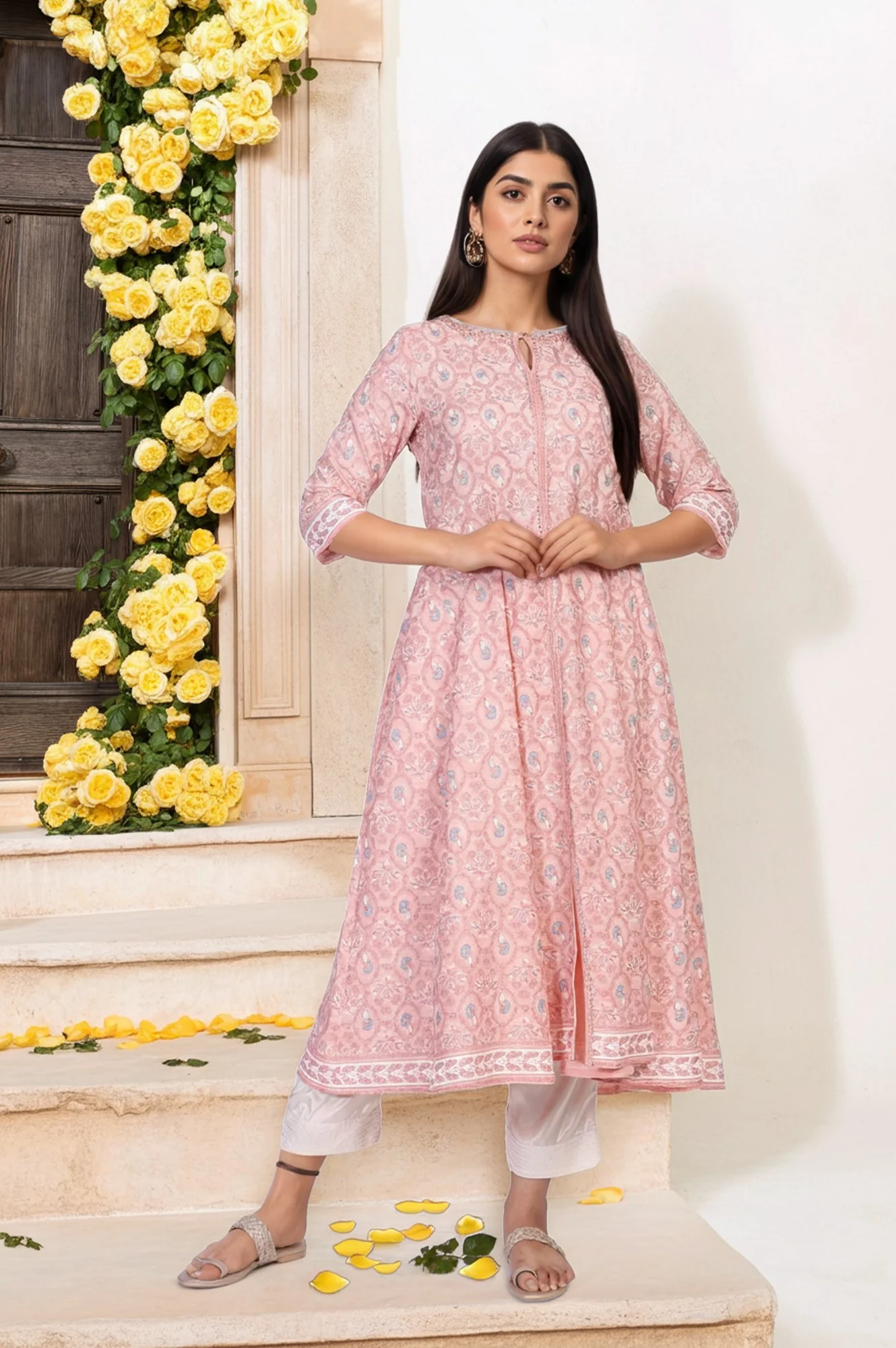 Pink Floral Printed Rayon A-Line Kurta with Straight Pant Set