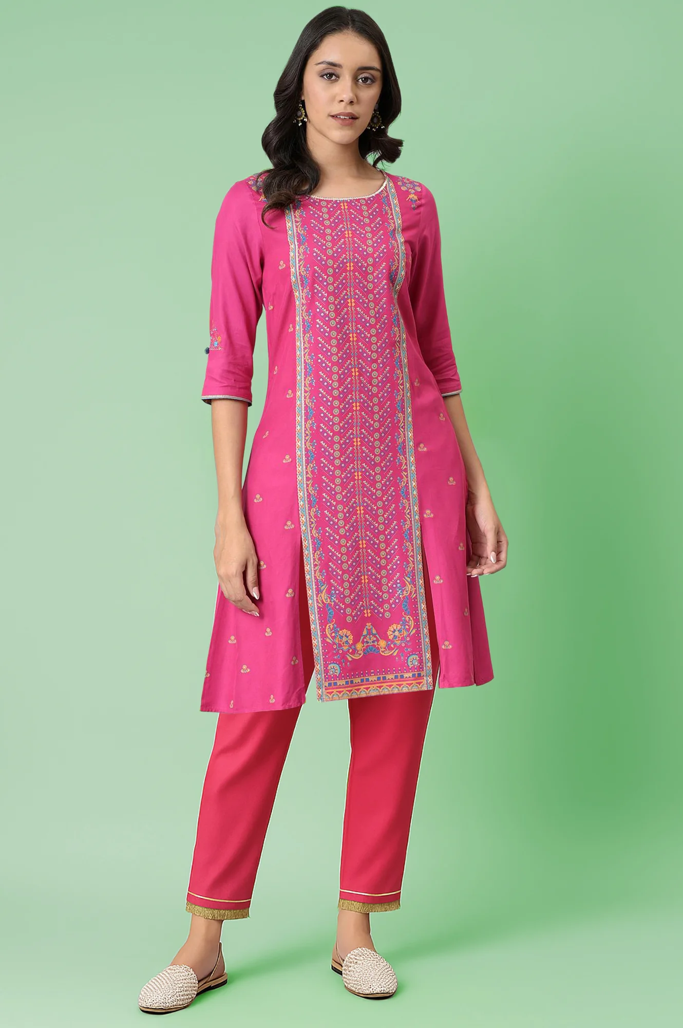 Pink Floral Printed Rayon Straight Kurta with Slim Pant Set