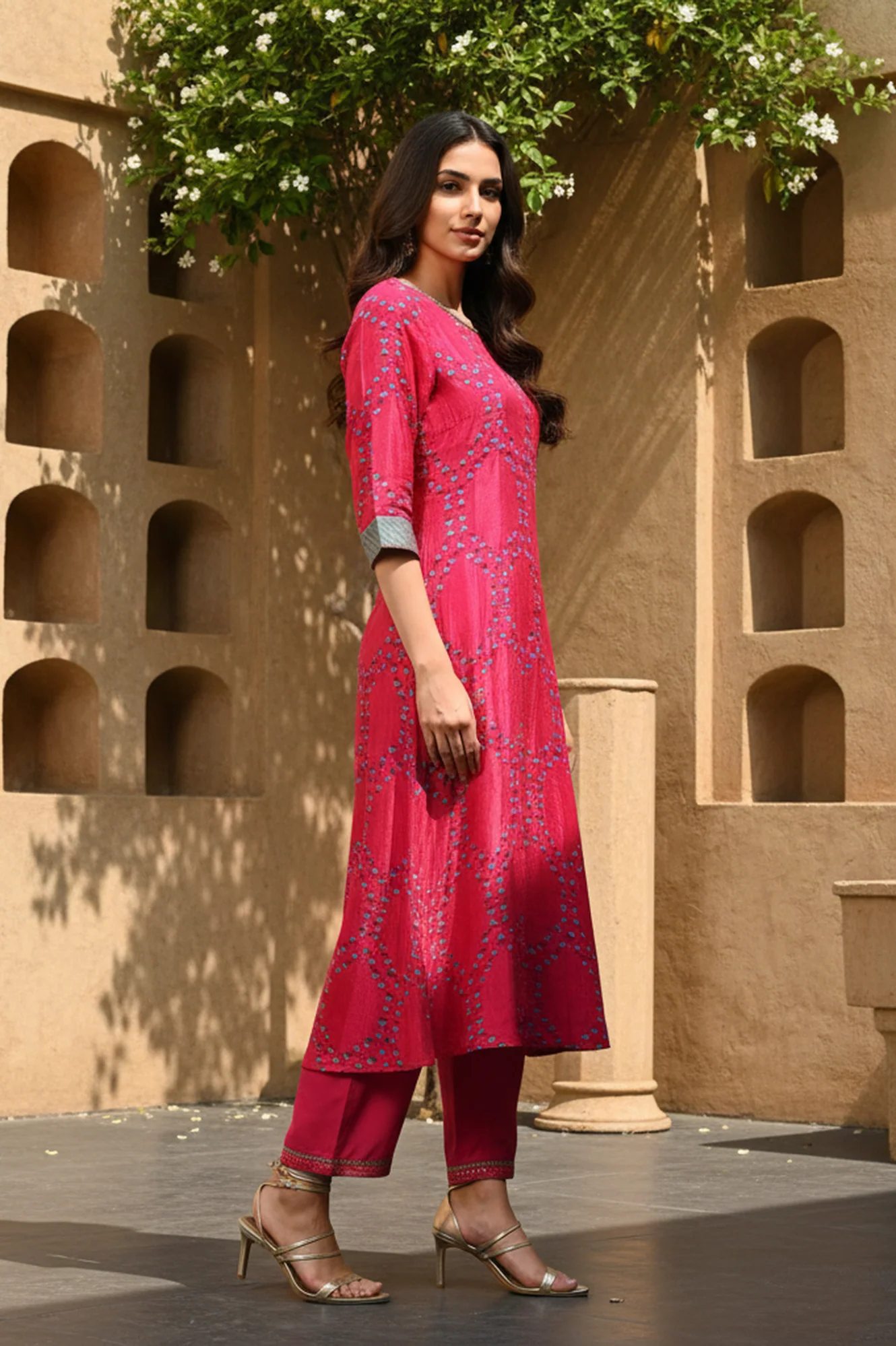 Pink Floral Printed Straight Shantung Kurta - Image 5