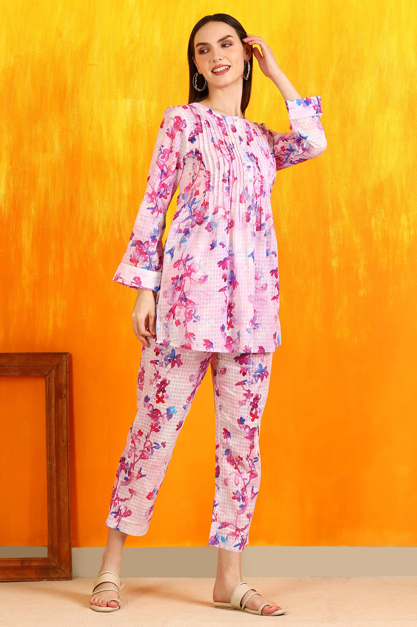 Pink Floral Printed Textured Cotton Short Tunic and Pants Co-ord Set - Image 7