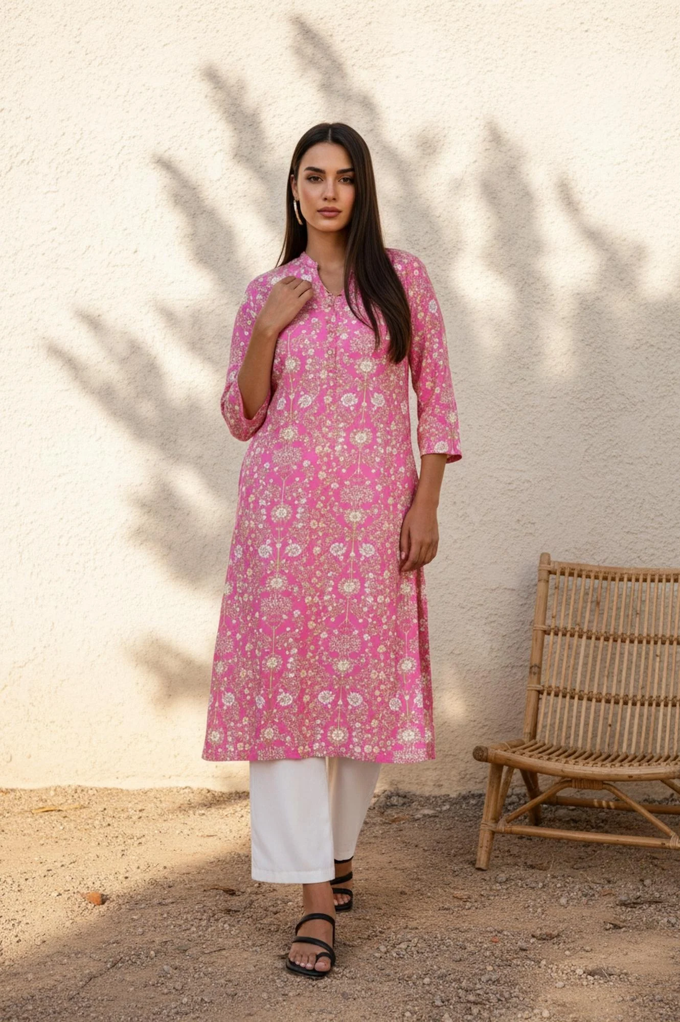 Pink Floral Thread Work Straight Rayon Kurta - Image 2