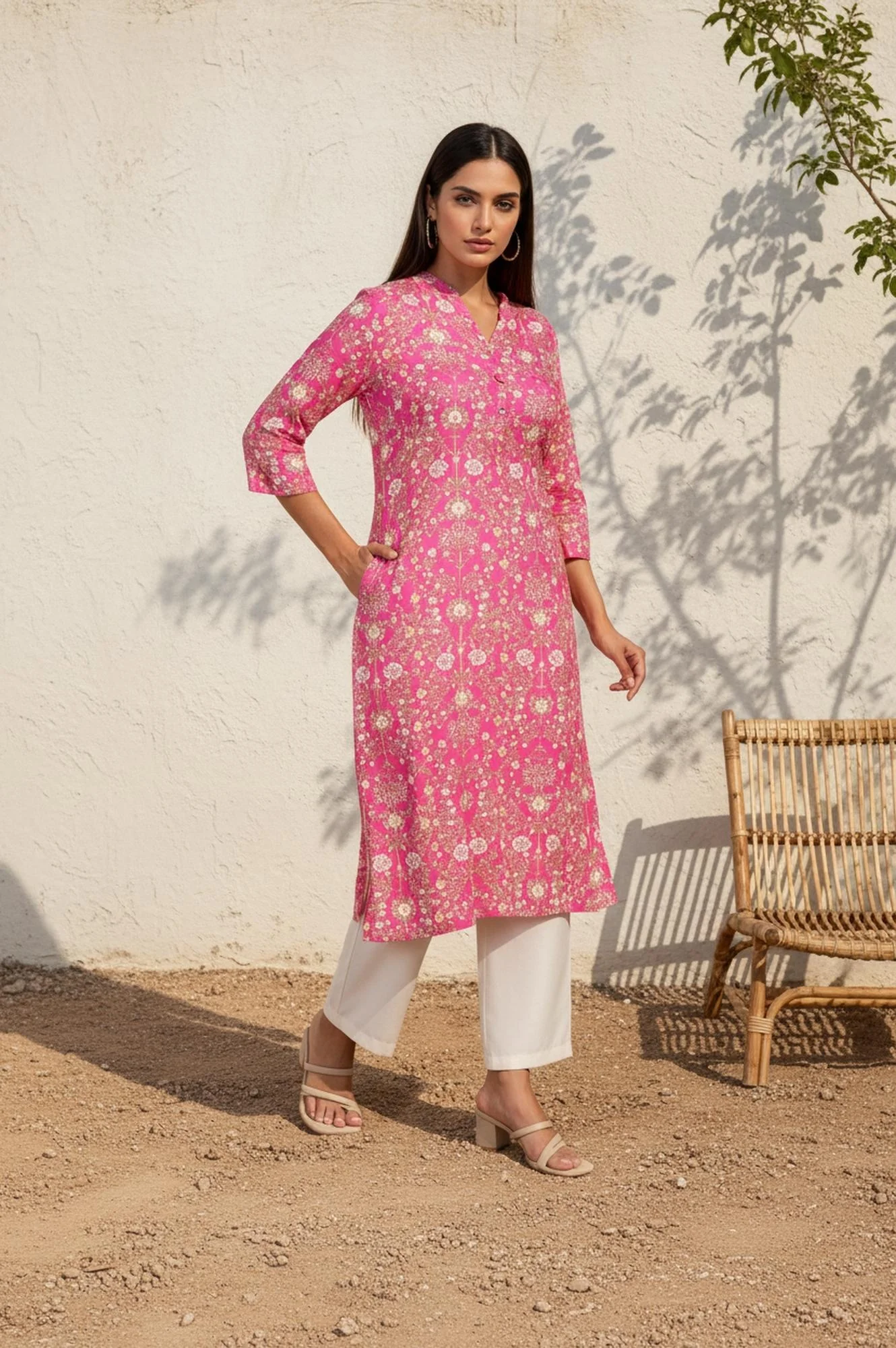 Pink Floral Thread Work Straight Rayon Kurta - Image 4
