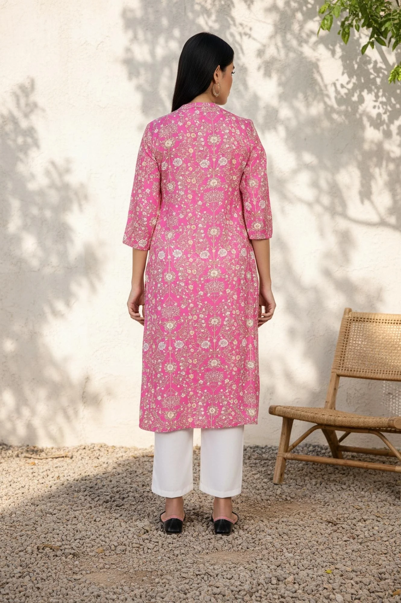 Pink Floral Thread Work Straight Rayon Kurta - Image 5