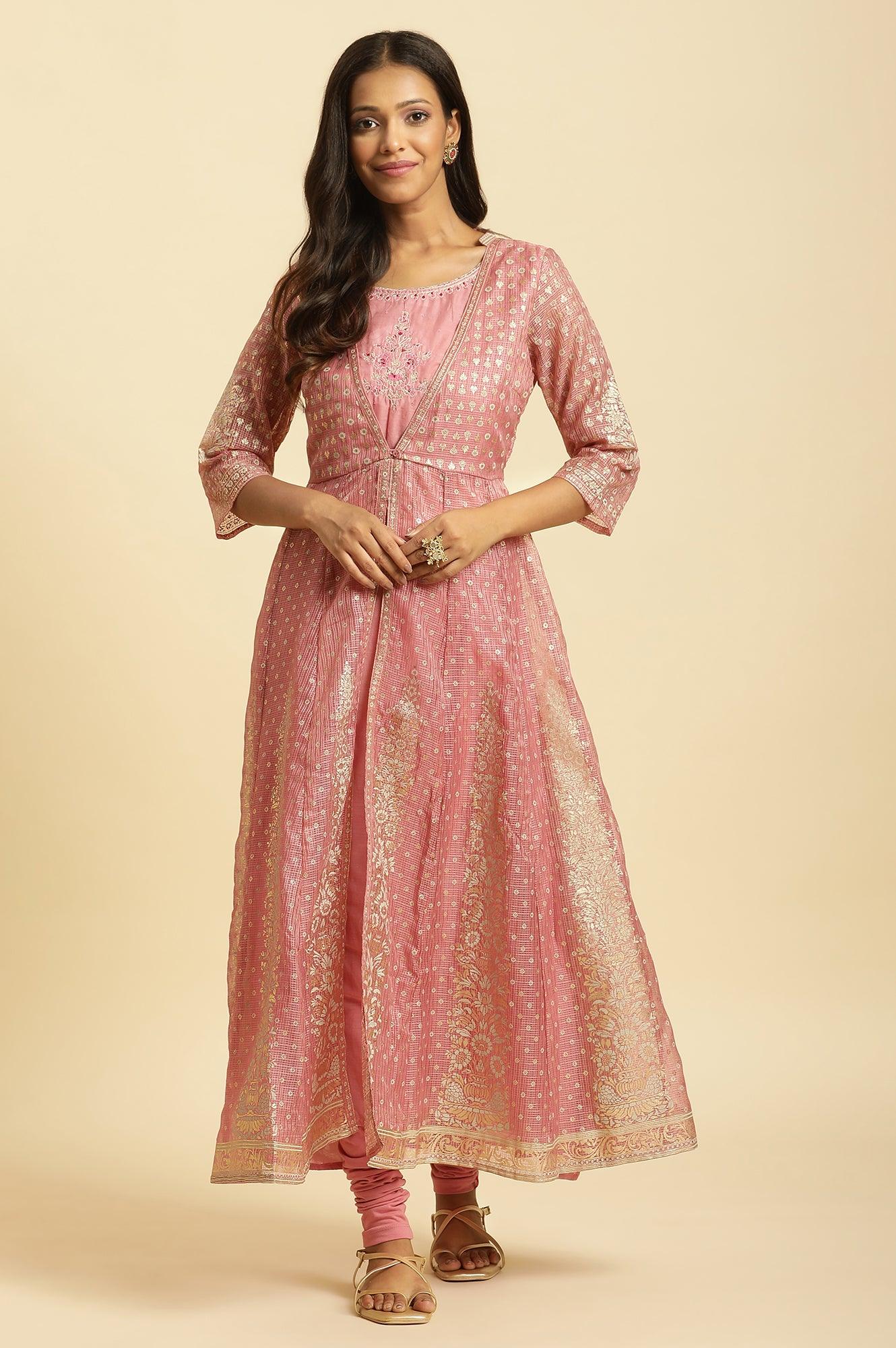 Pink Foil Printed Mock Layered Kurta And Tights Set - Image 2
