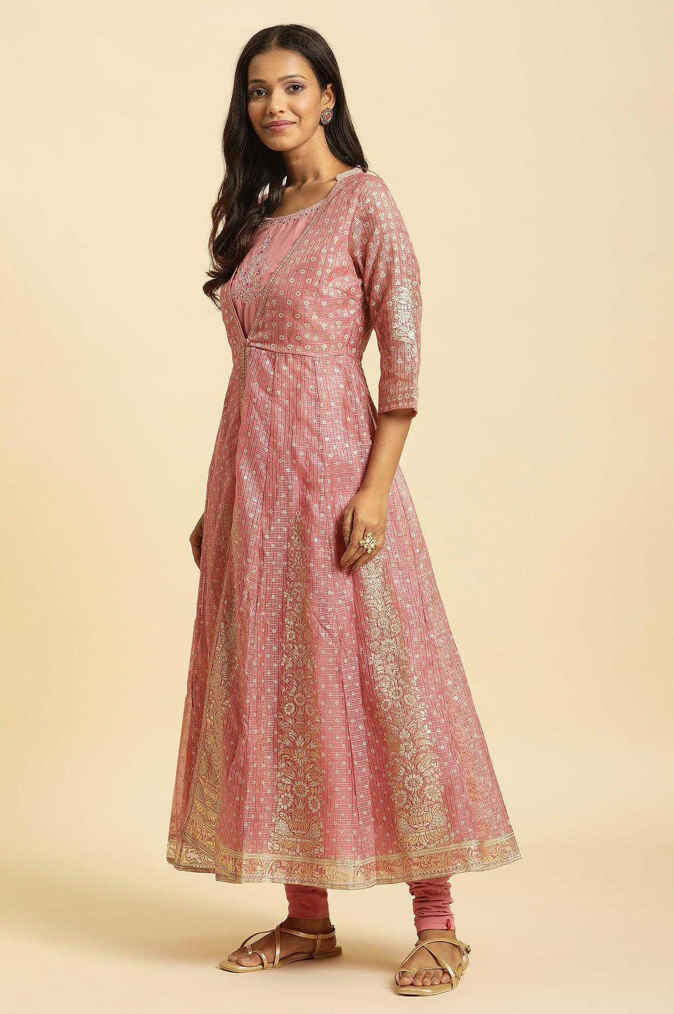 Pink Foil Printed Mock Layered Kurta And Tights Set - Image 3