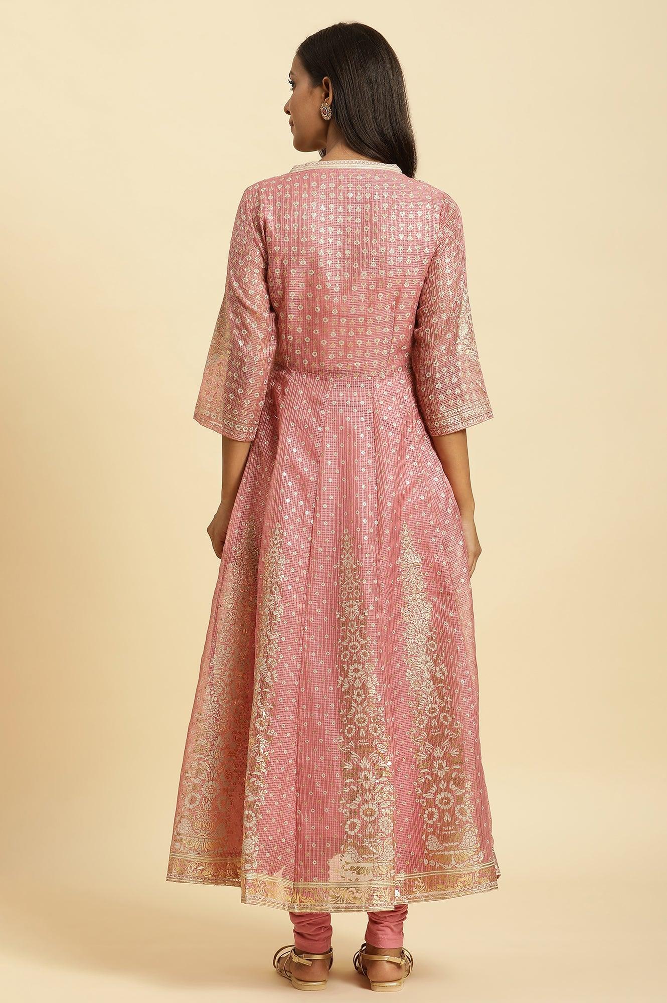 Pink Foil Printed Mock Layered Kurta And Tights Set - Image 4