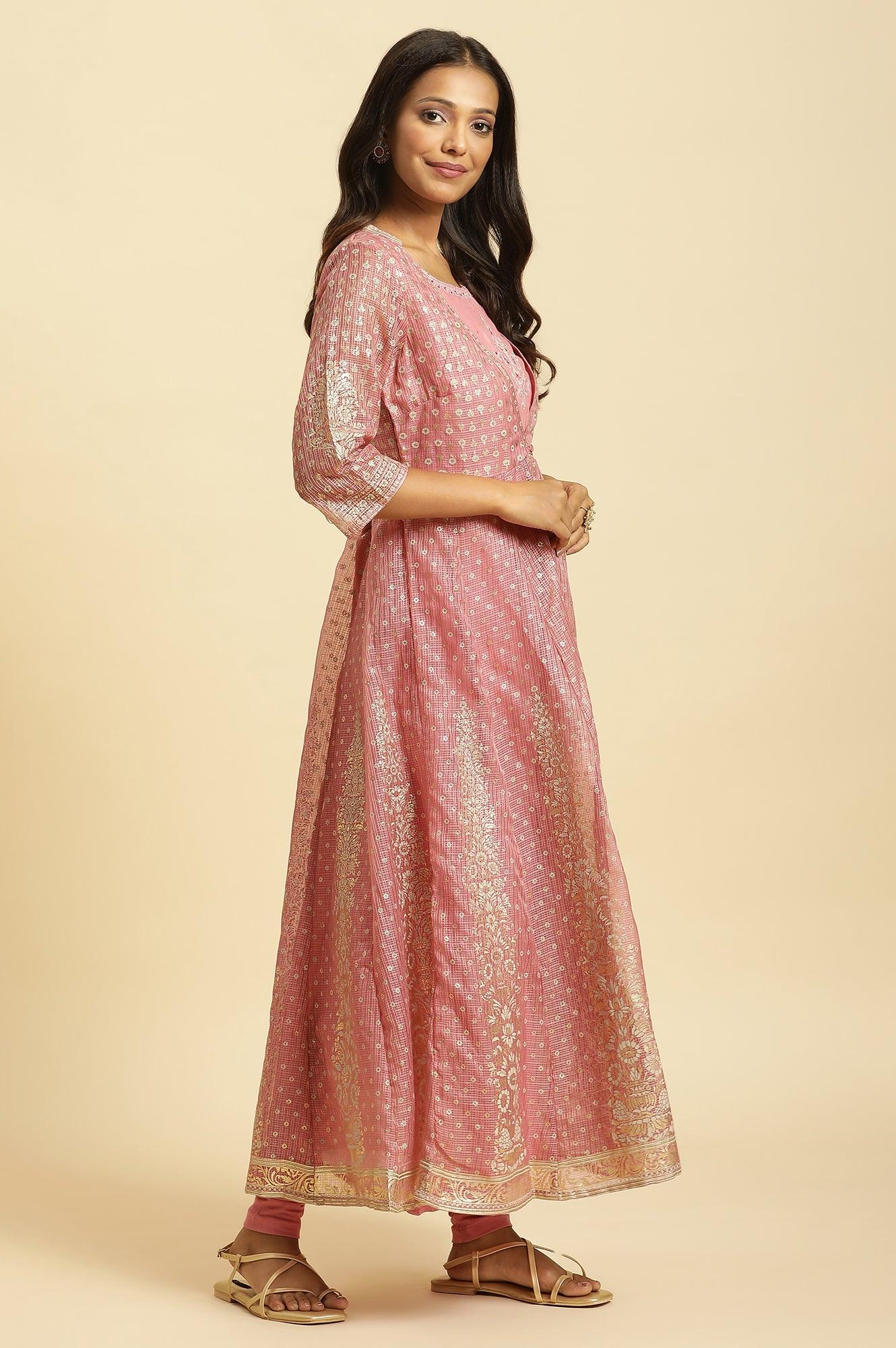 Pink Foil Printed Mock Layered Kurta And Tights Set - Image 5