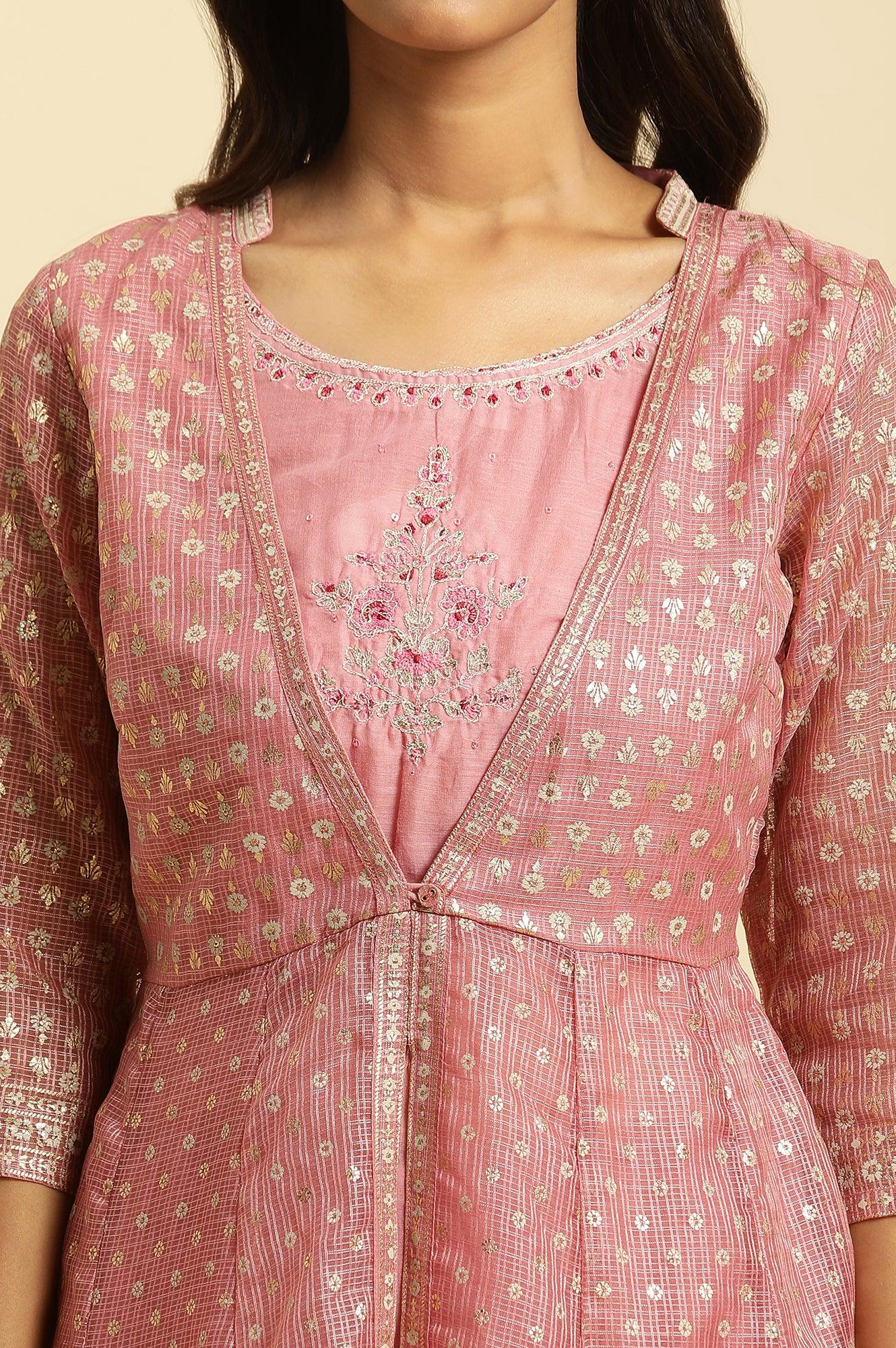 Pink Foil Printed Mock Layered Kurta And Tights Set - Image 6