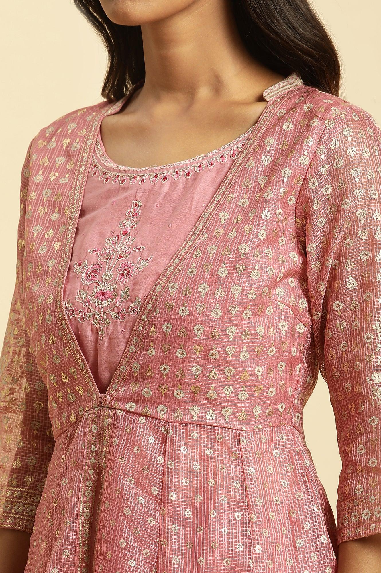 Pink Foil Printed Mock Layered Kurta And Tights Set - Image 7
