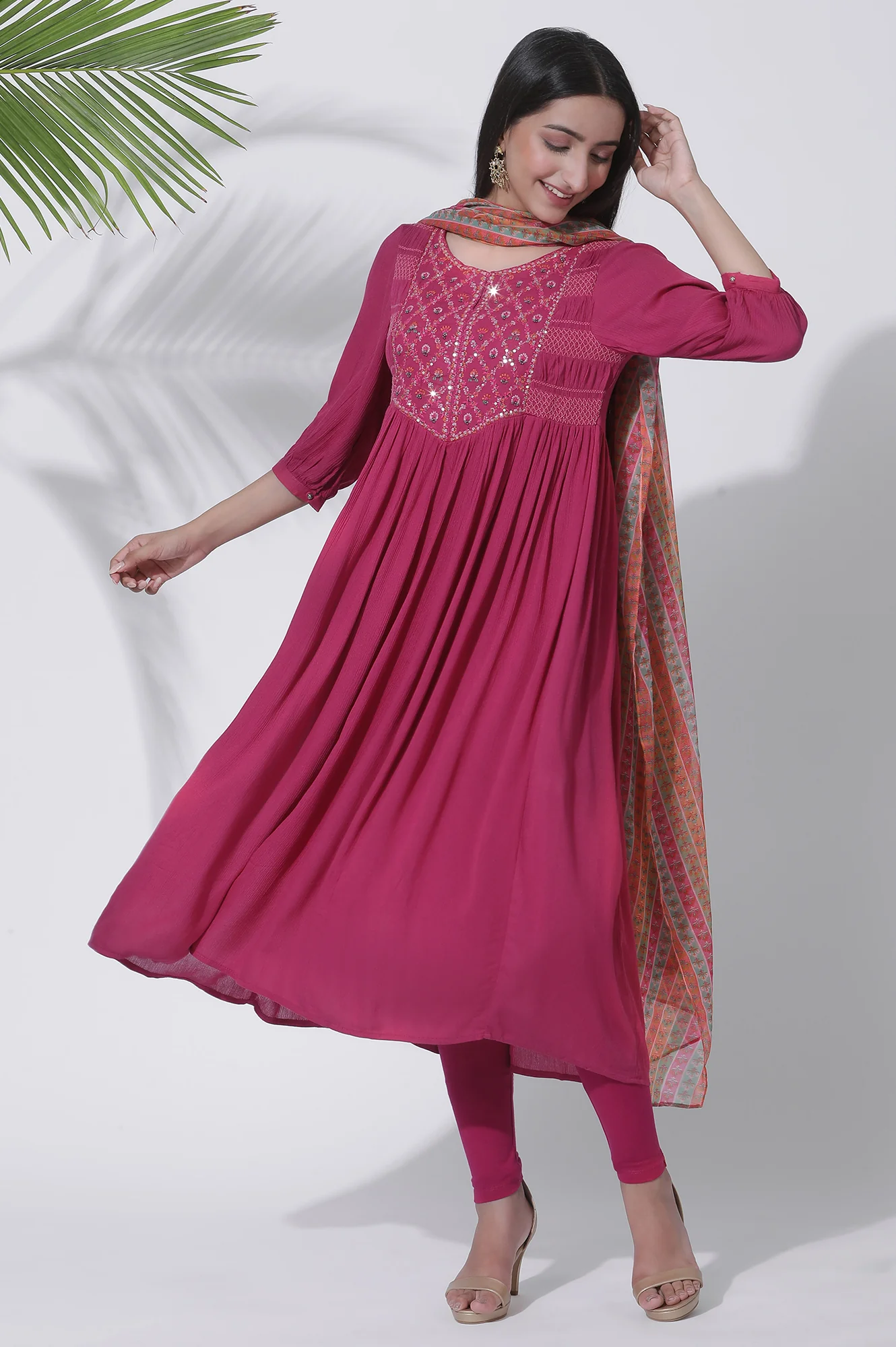 Pink Embroidered Flared Kurta, Tights and Dupatta Set