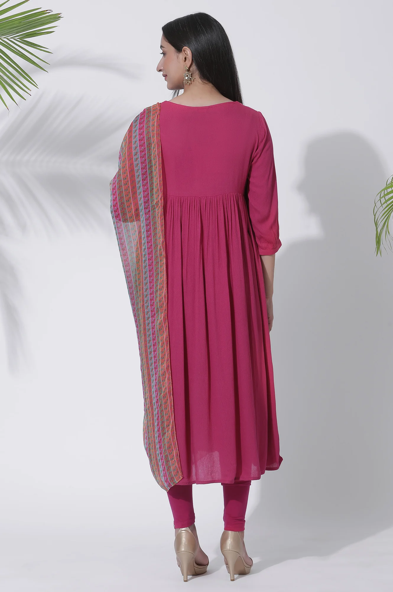 Pink Embroidered Flared Kurta, Tights and Dupatta Set - Image 4
