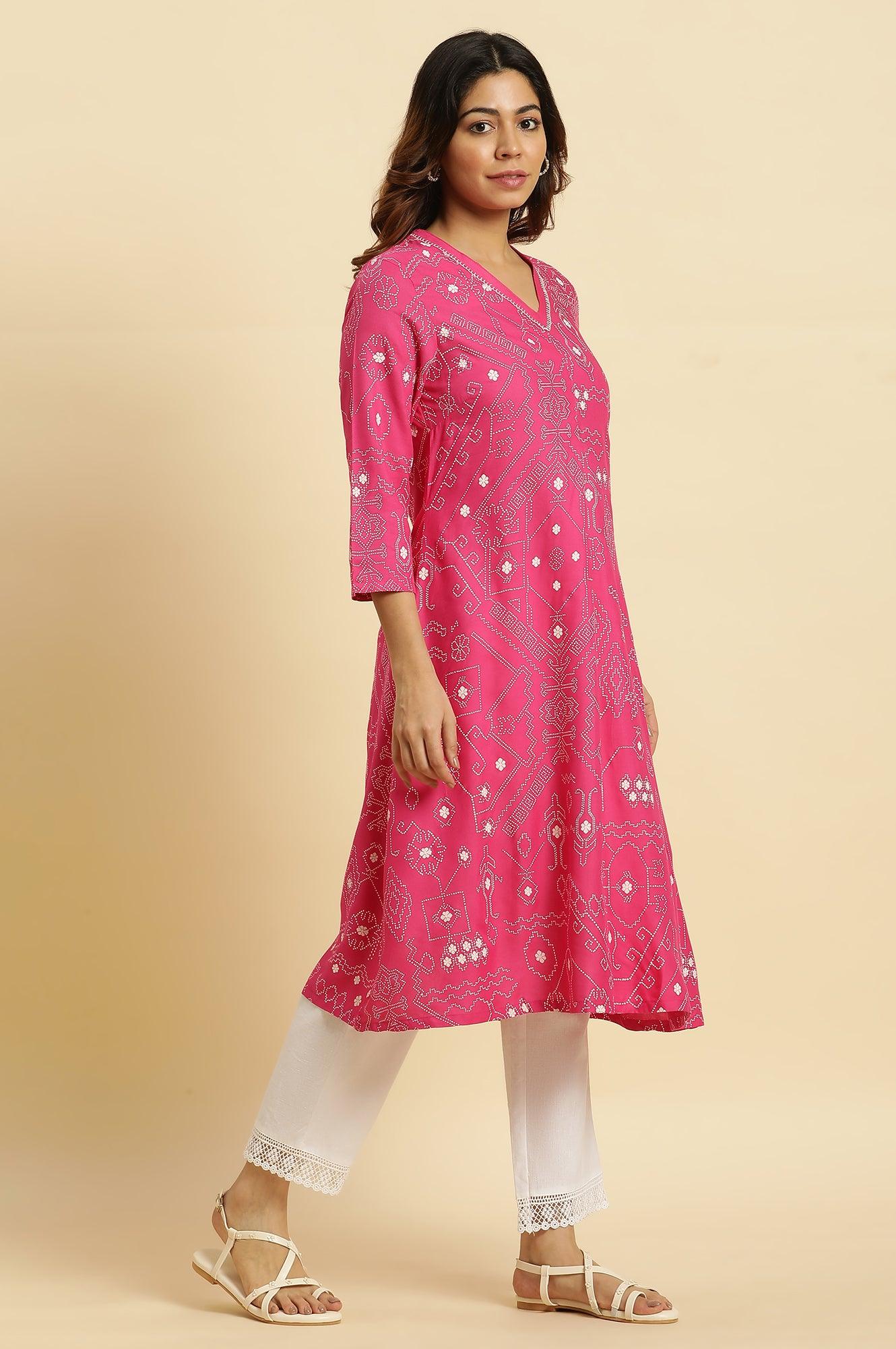 Pink Geometric Printed A-Line Kurta - Image 5