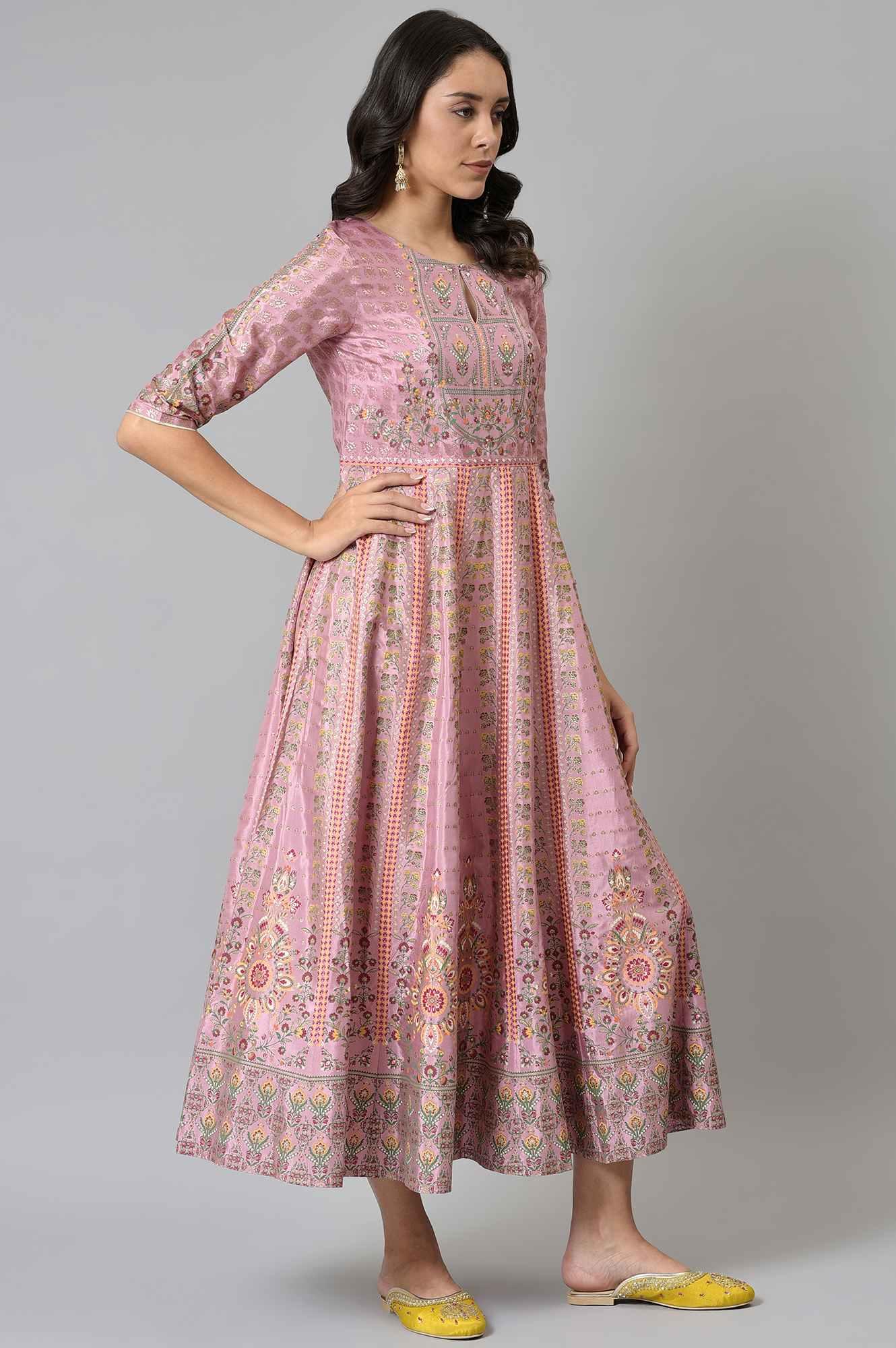 Pink Glitter Printed Kalidar Dress - Image 4