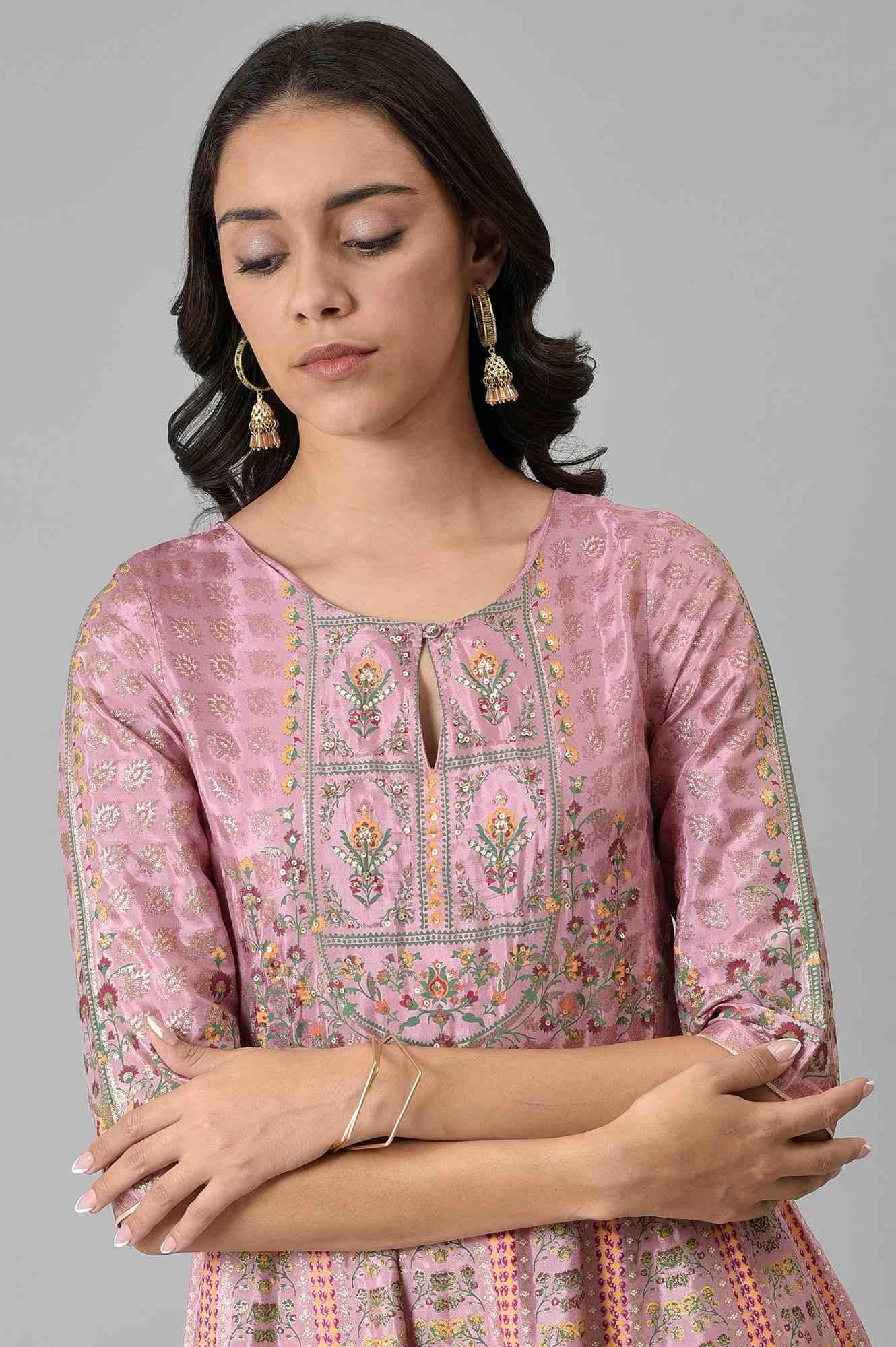 Pink Glitter Printed Kalidar Dress - Image 6