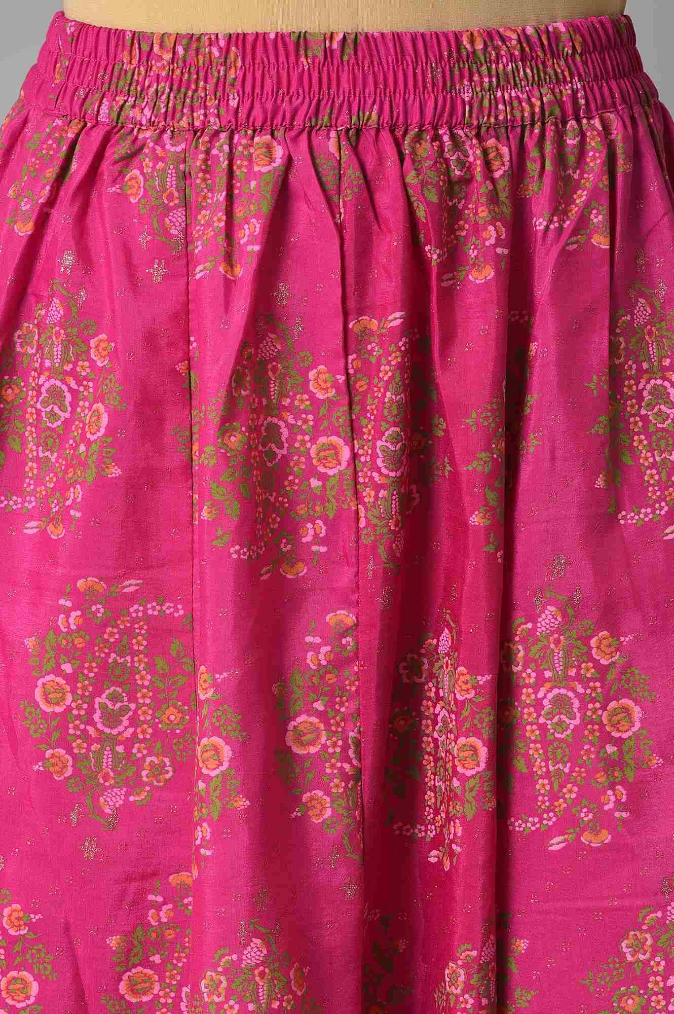 Pink Glitter Printed Kurta, Culottes and Green Dupatta Set - Image 6