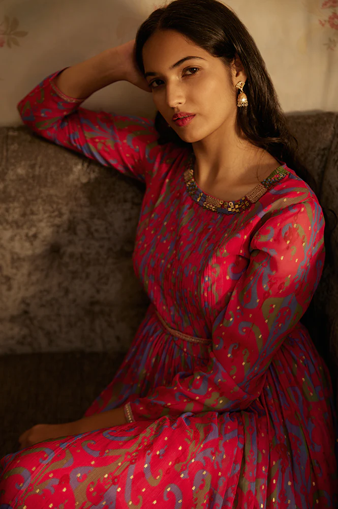 Pink Ikkat Printed Embellished Dress - Image 2