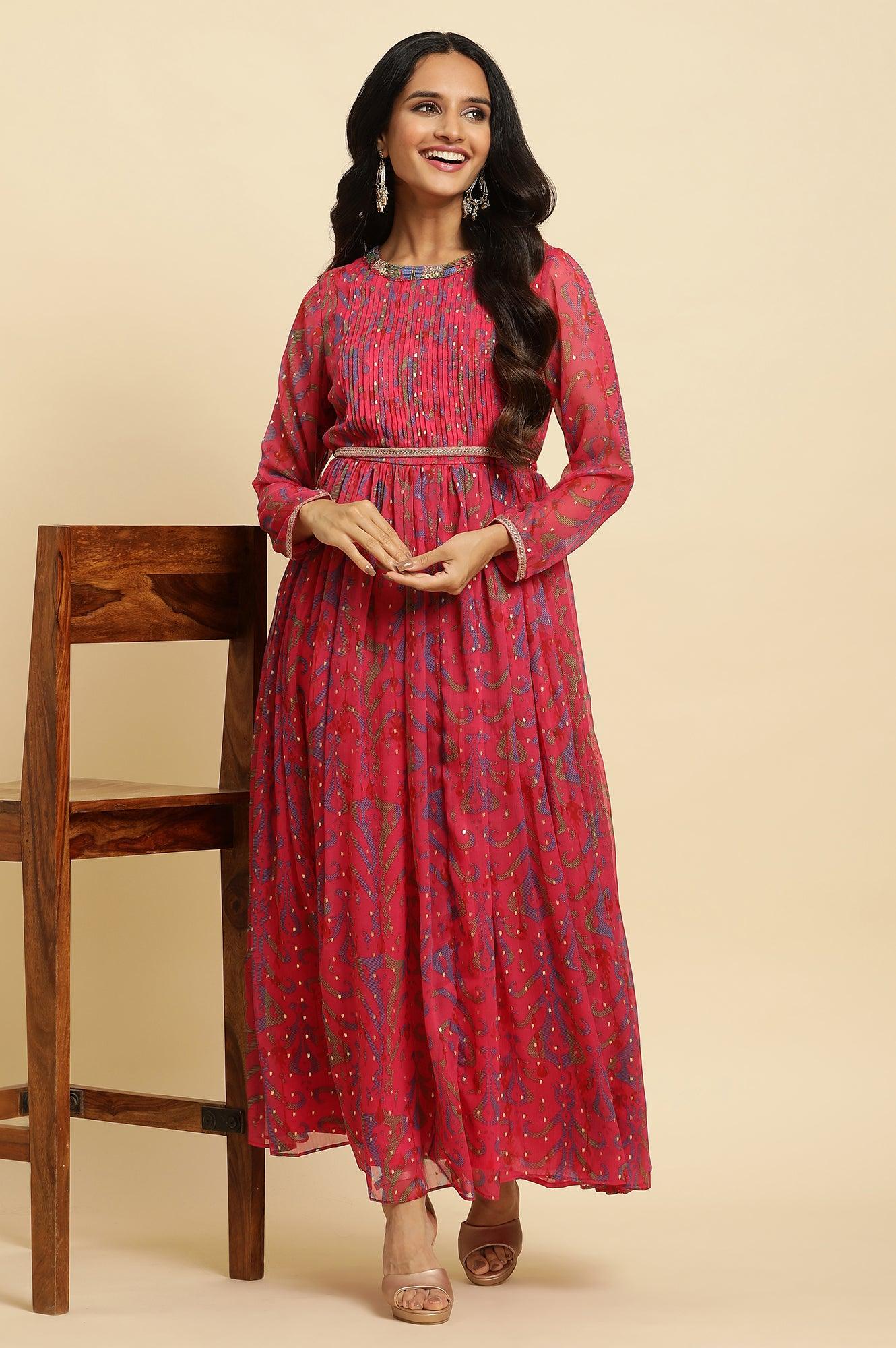 Pink Ikkat Printed Embellished Dress - Image 3